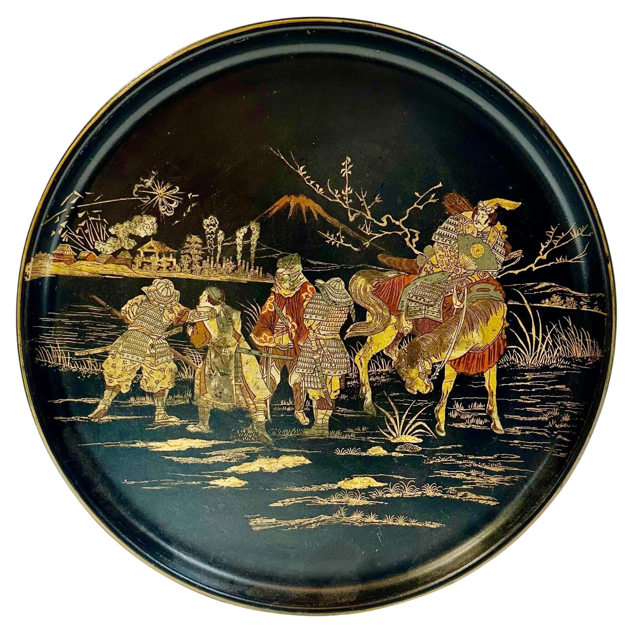 Japanese Papier-Mâché Dish with Warrior Scene