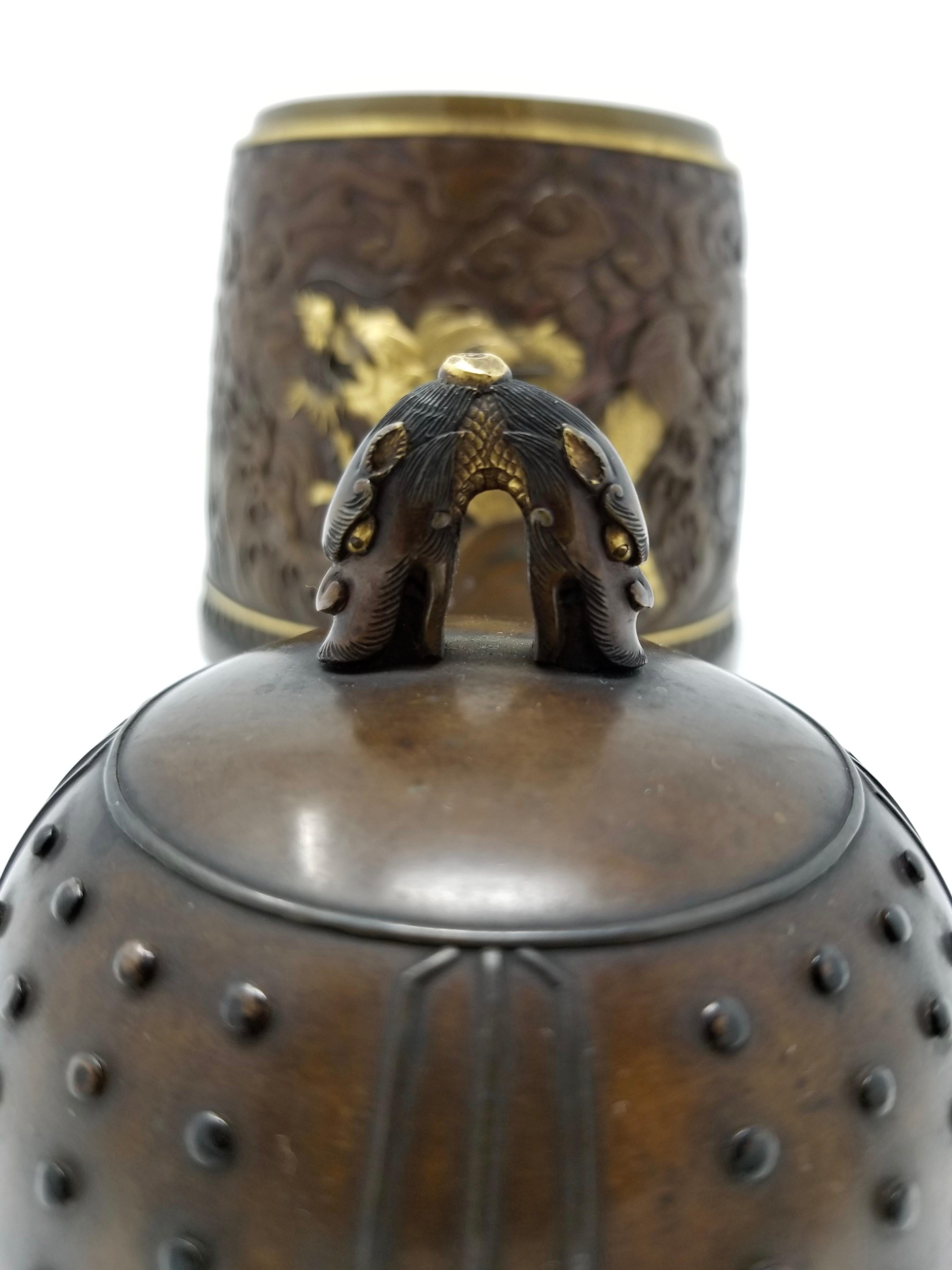 Japanese Pat Bronze & Mixed Metal ‘Dragon’ Bell-Form Box & Cover, Signed, Meiji 4
