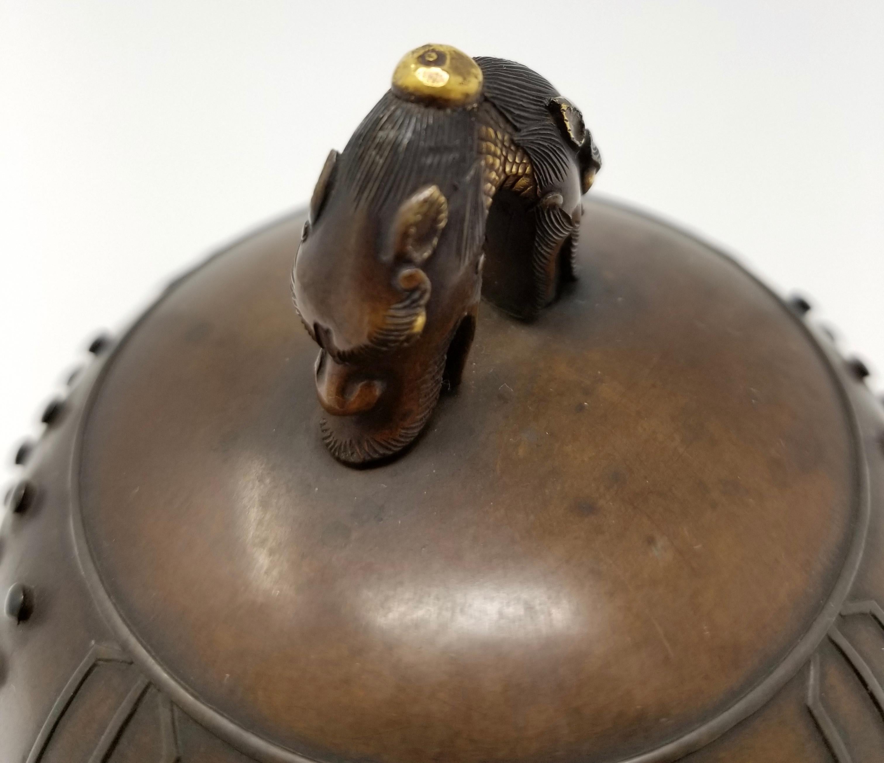 Japanese Pat Bronze & Mixed Metal ‘Dragon’ Bell-Form Box & Cover, Signed, Meiji 5
