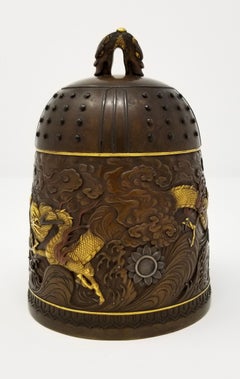 Japanese Pat Bronze & Mixed Metal ‘Dragon’ Bell-Form Box & Cover, Signed, Meiji
