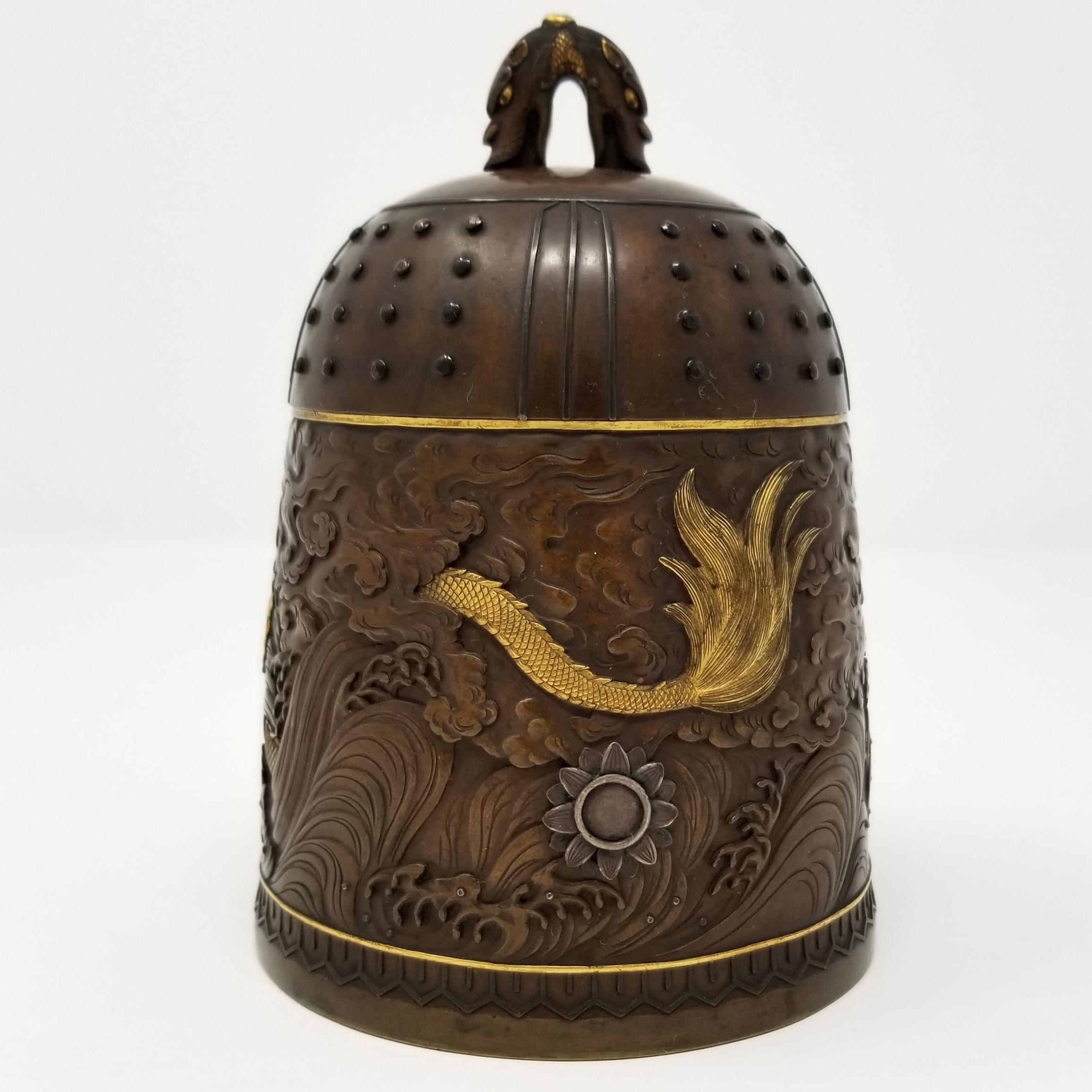 Japanese Pat Bronze & Mixed Metal ‘Dragon’ Bell-Form Box & Cover, Signed, Meiji In Good Condition In New York, NY