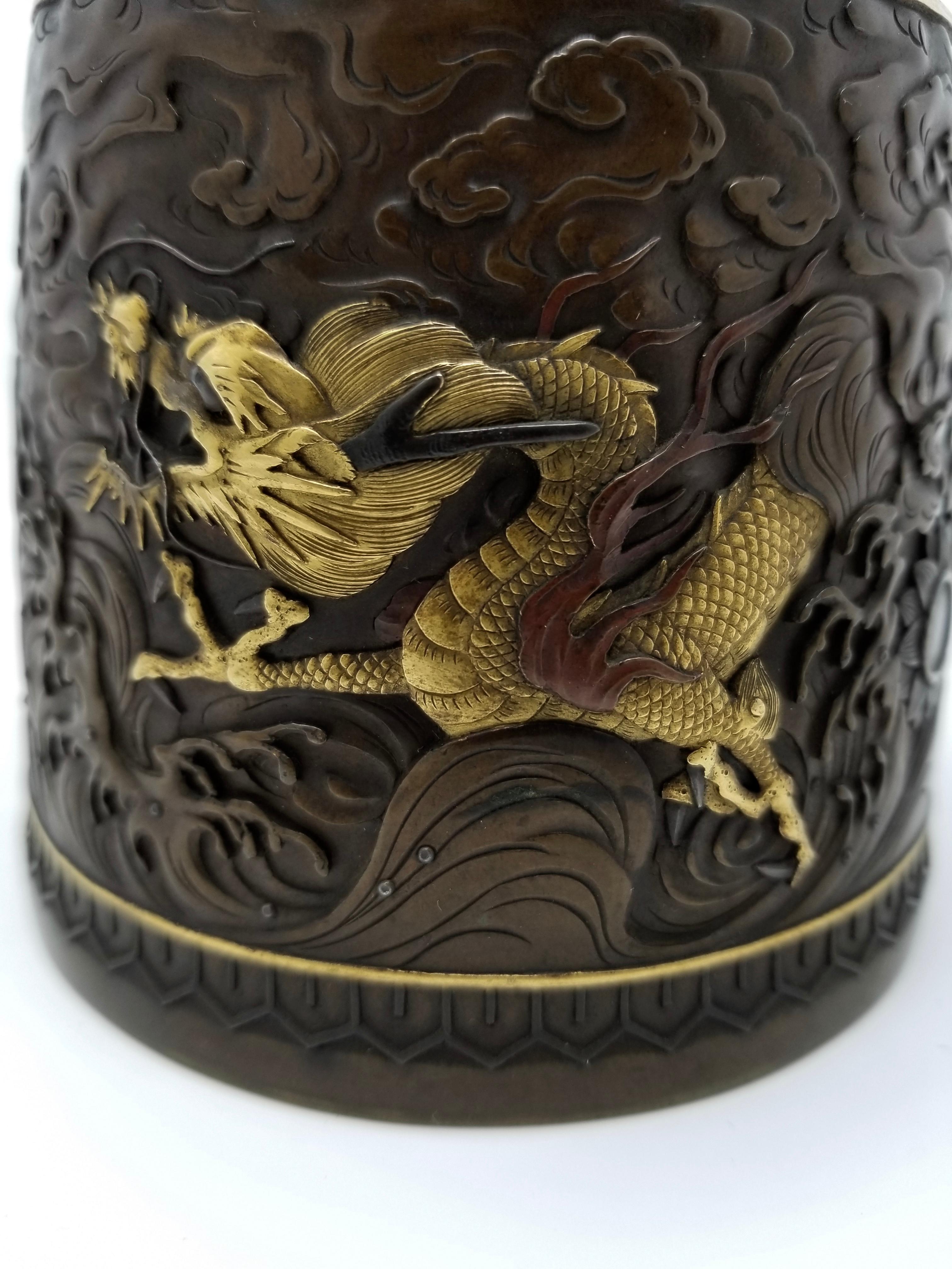 Late 19th Century Japanese Pat Bronze & Mixed Metal ‘Dragon’ Bell-Form Box & Cover, Signed, Meiji