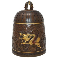Japanese Pat Bronze & Mixed Metal ‘Dragon’ Bell-Form Box & Cover, Signed, Meiji