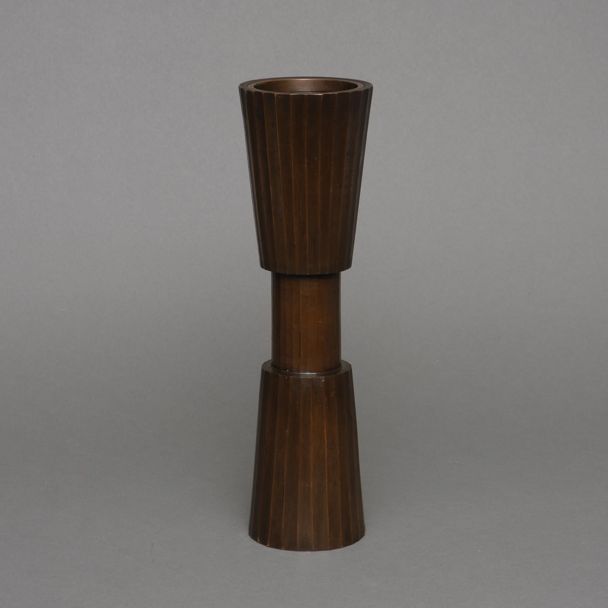 20th Century Japanese Patinated Bronze Vase in an Hourglass-Shape with Vertical Ribs