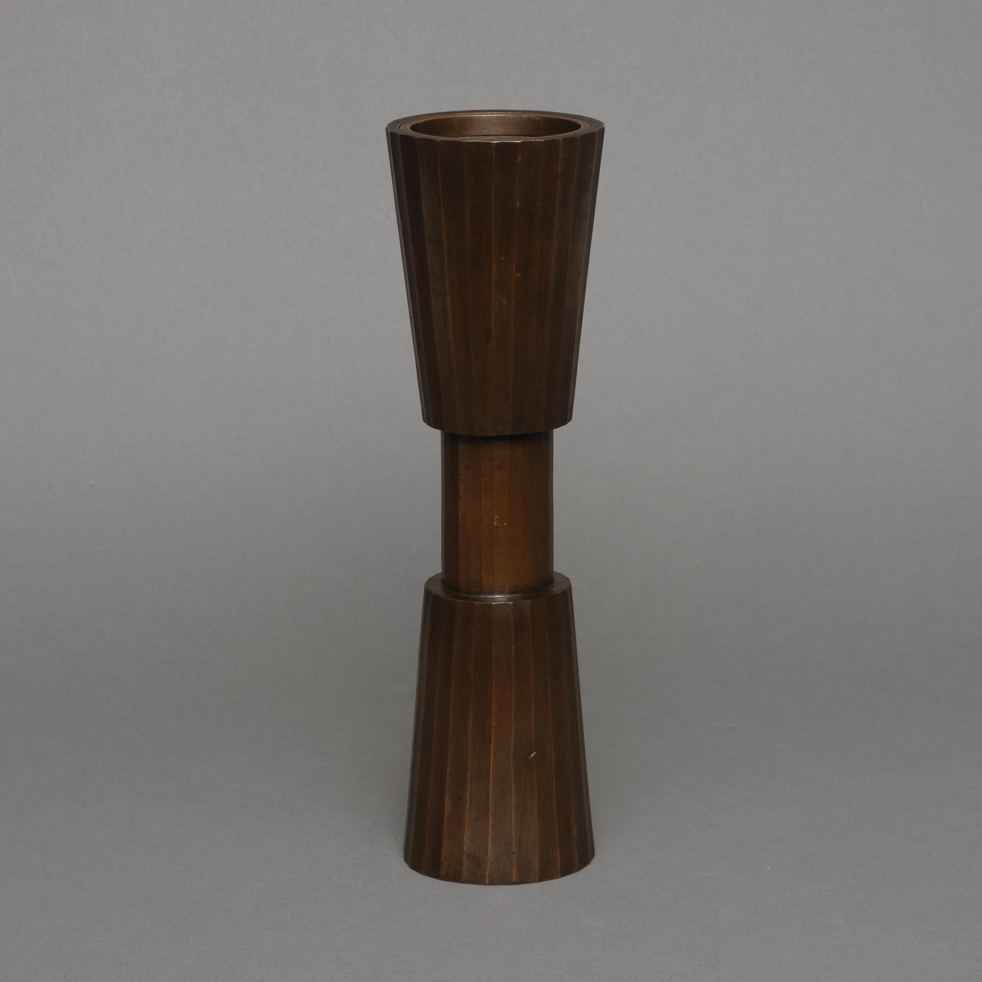 Japanese Patinated Bronze Vase in an Hourglass-Shape with Vertical Ribs 2