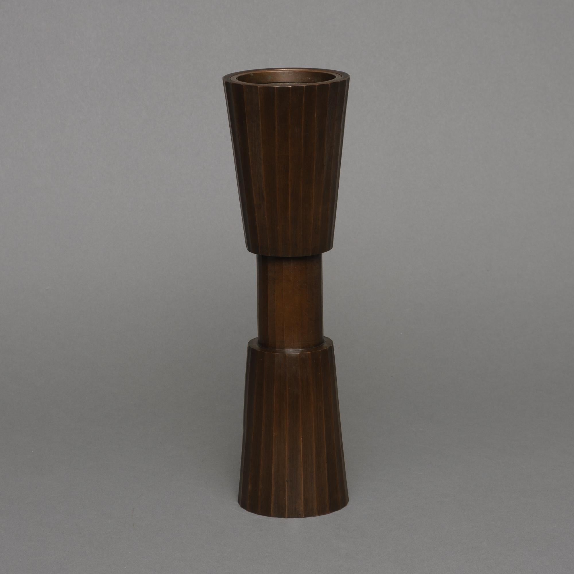 Japanese Patinated Bronze Vase in an Hourglass-Shape with Vertical Ribs 3