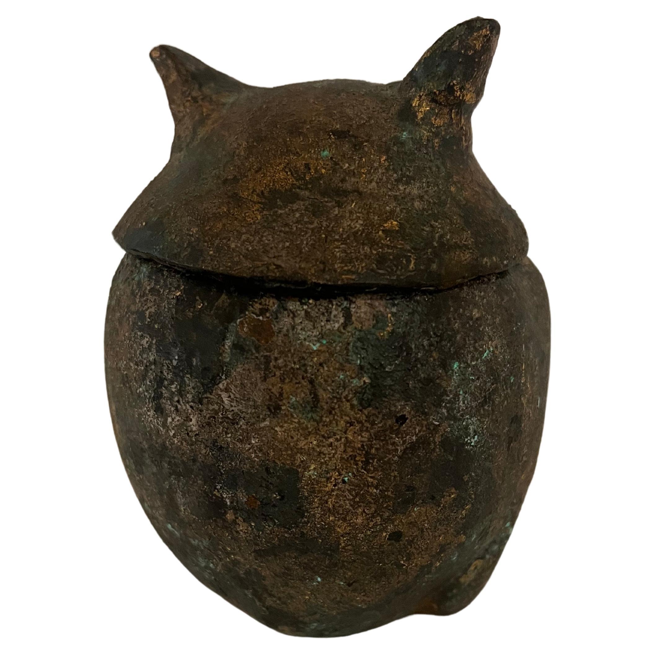 Mid-Century Modern Japanese Patinated  Iron Owl Lantern Incense Burner