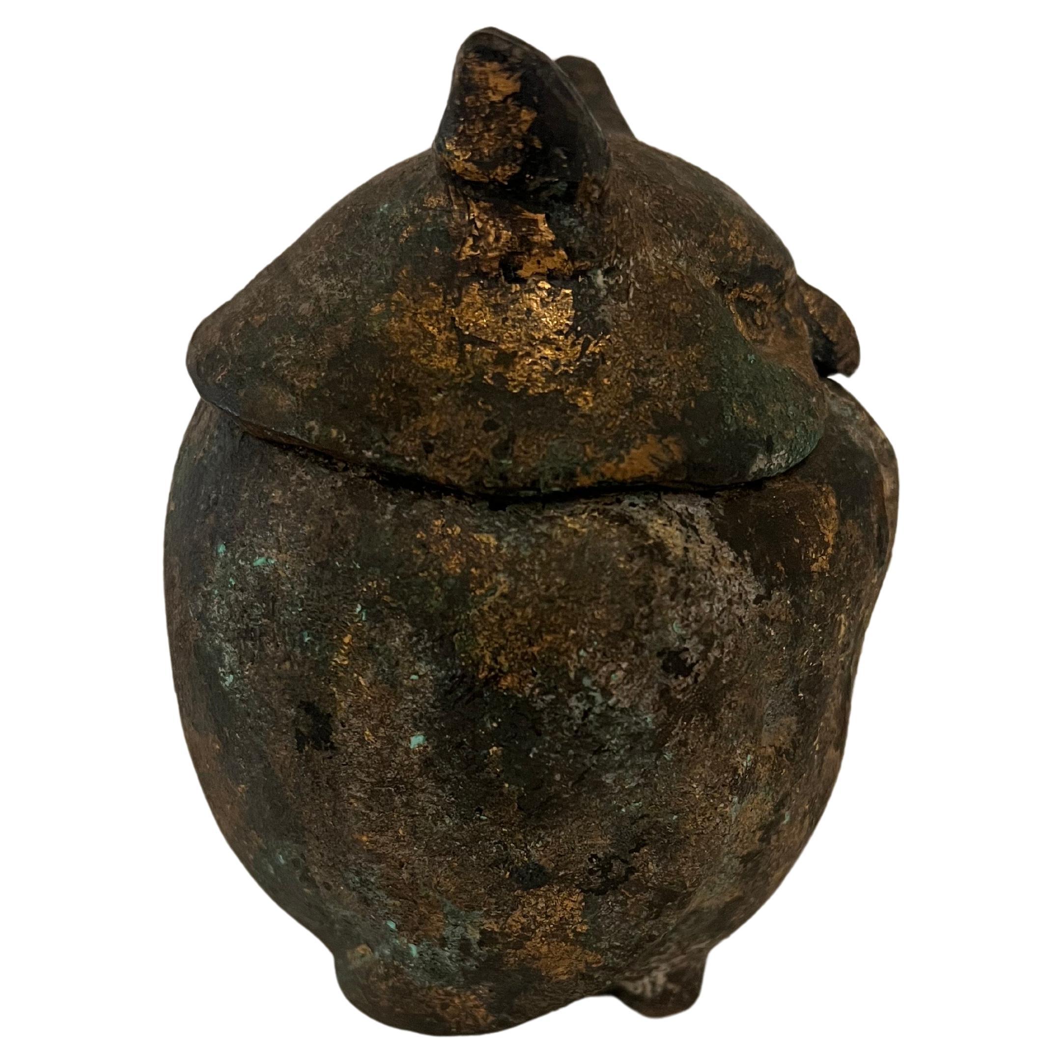 Mid-20th Century Japanese Patinated  Iron Owl Lantern Incense Burner