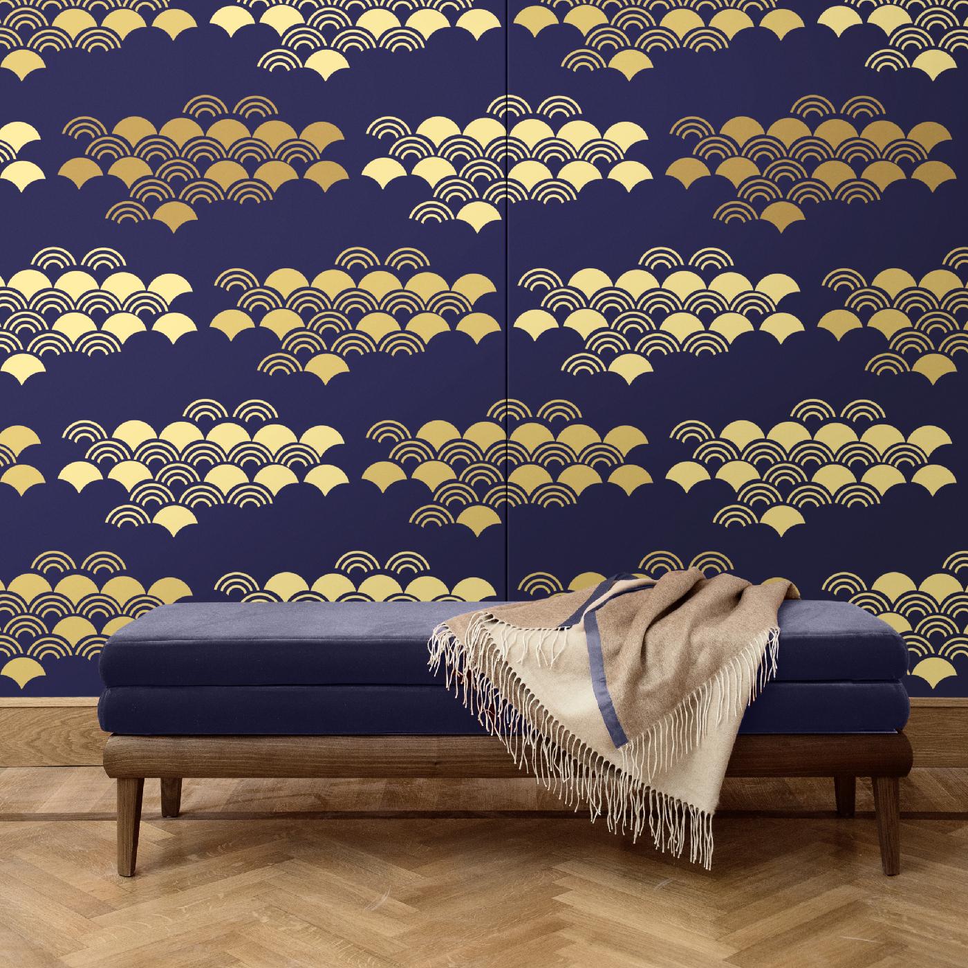 Inspired by the graphic character of Japanese art, this wall covering depicts a series of stylized fan-shapes rendered in solid yellow and stripes over a background in purple. The two complementing colors create a visually impactful effect that is