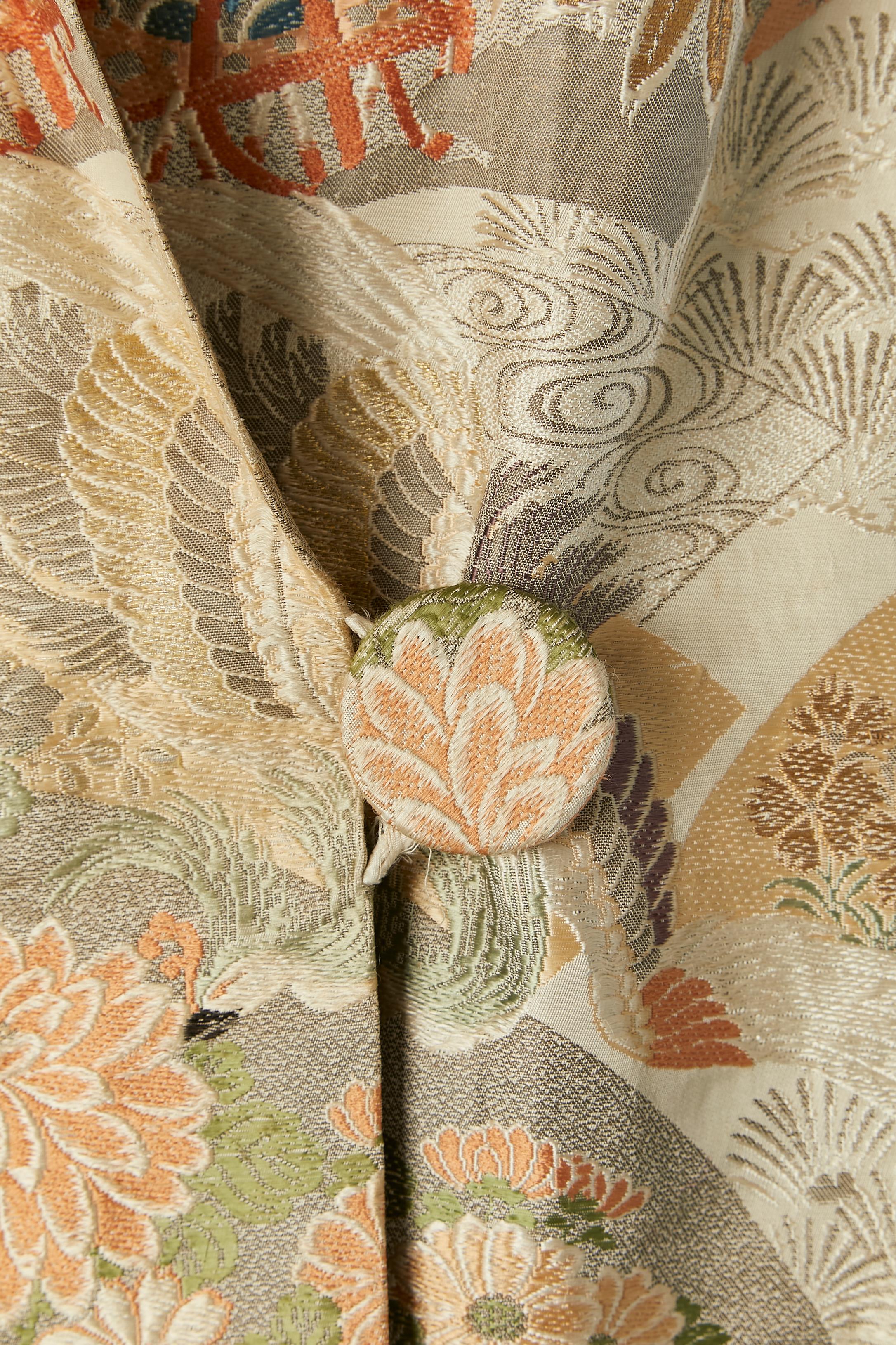 Beige Japanese pattern brocade coat with Mongolian furs lining and collar Circa 1920