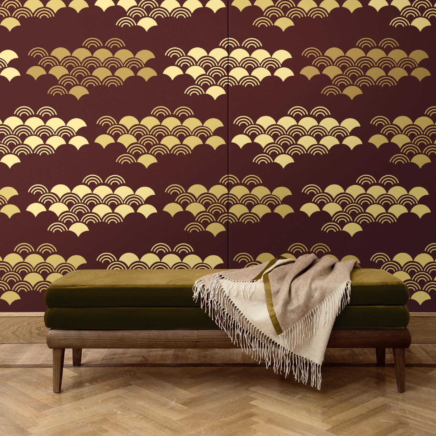 Part of the Japanese Pattern collection, this elegant and modern wall covering will add a graphic accent to an eclectic or contemporary interior, adding the warmth of its red and yellow color palette to any room in the house. It was crafted of silk