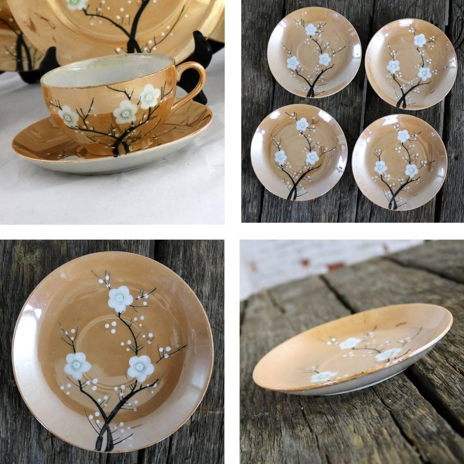 Porcelain Japanese Peach Lusterware Cherry Blossom Design Luncheon Set for Four