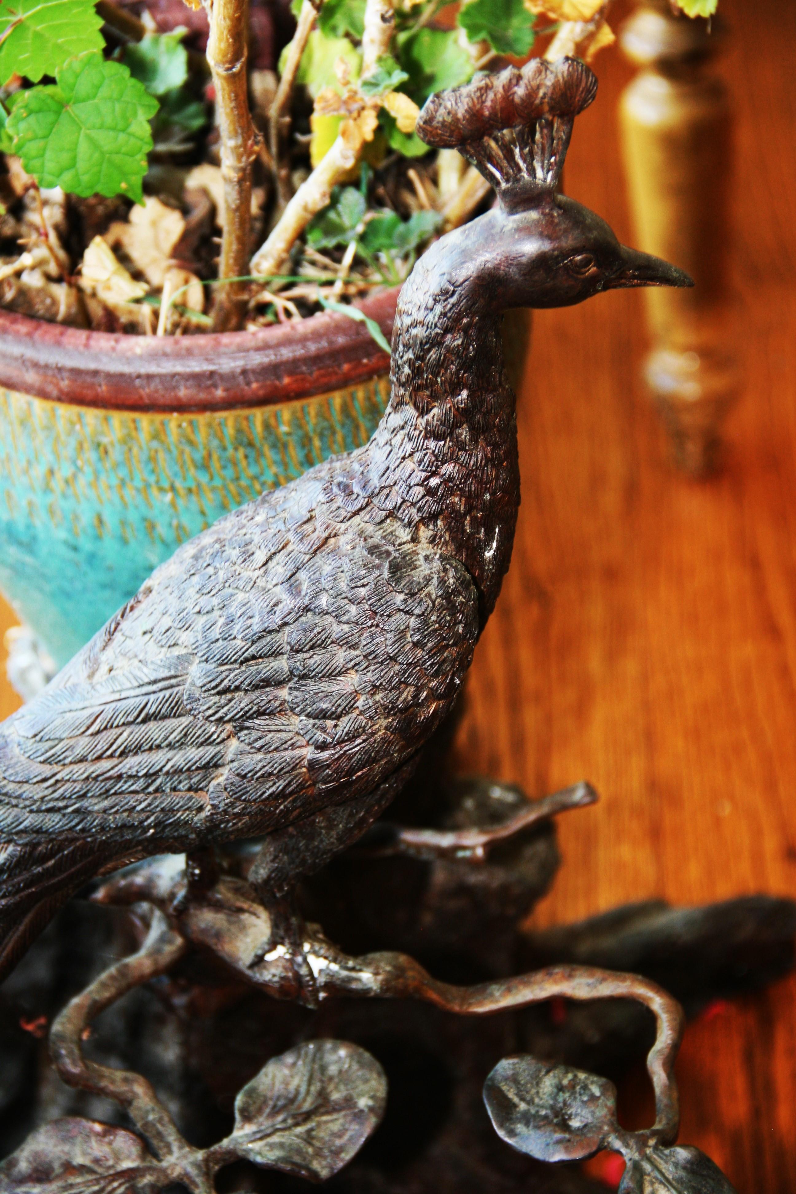 Japanese Peacock Brass and Stoneware Planter 19th Century For Sale 3