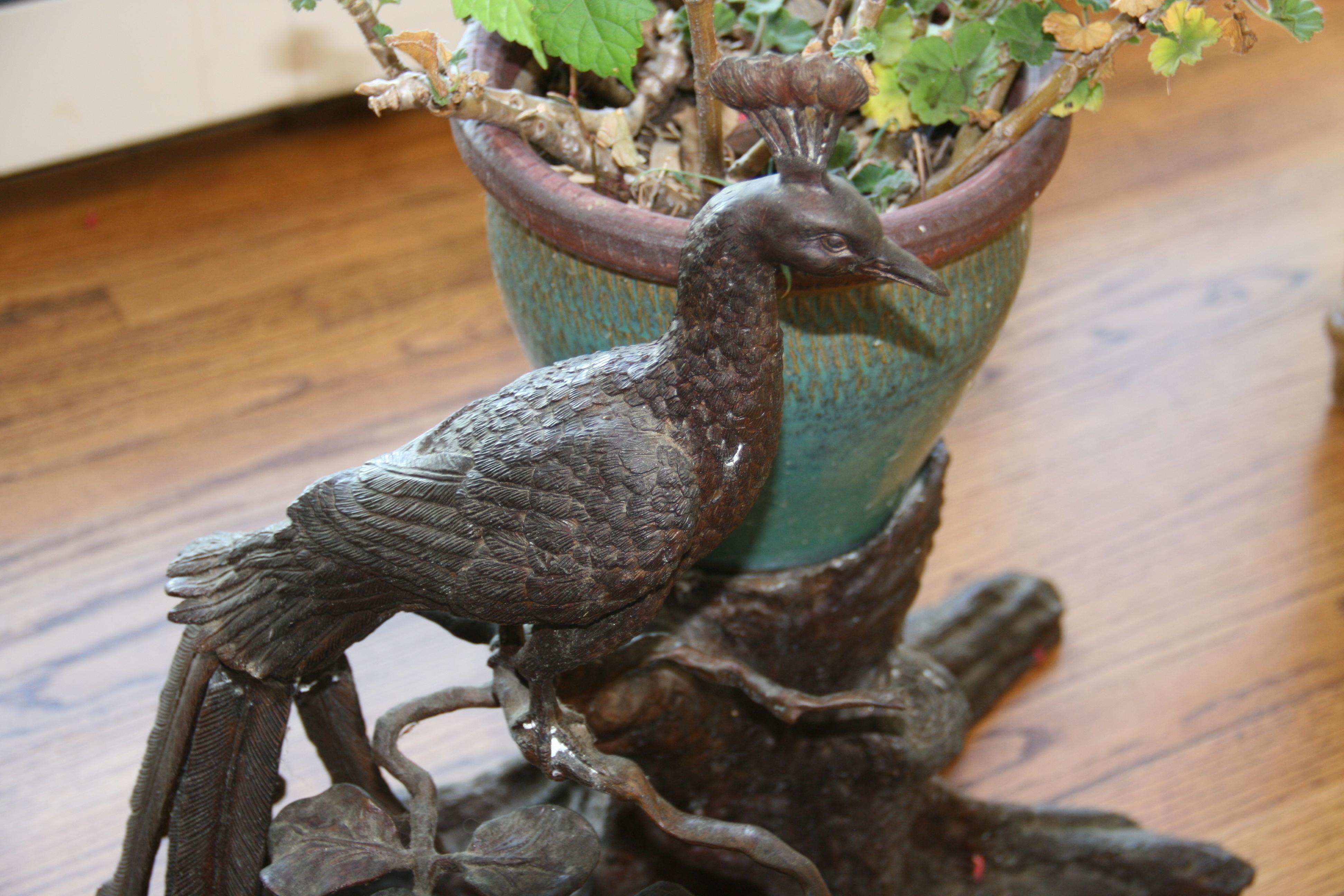 Japanese Peacock Brass and Stoneware Planter 19th Century For Sale 5