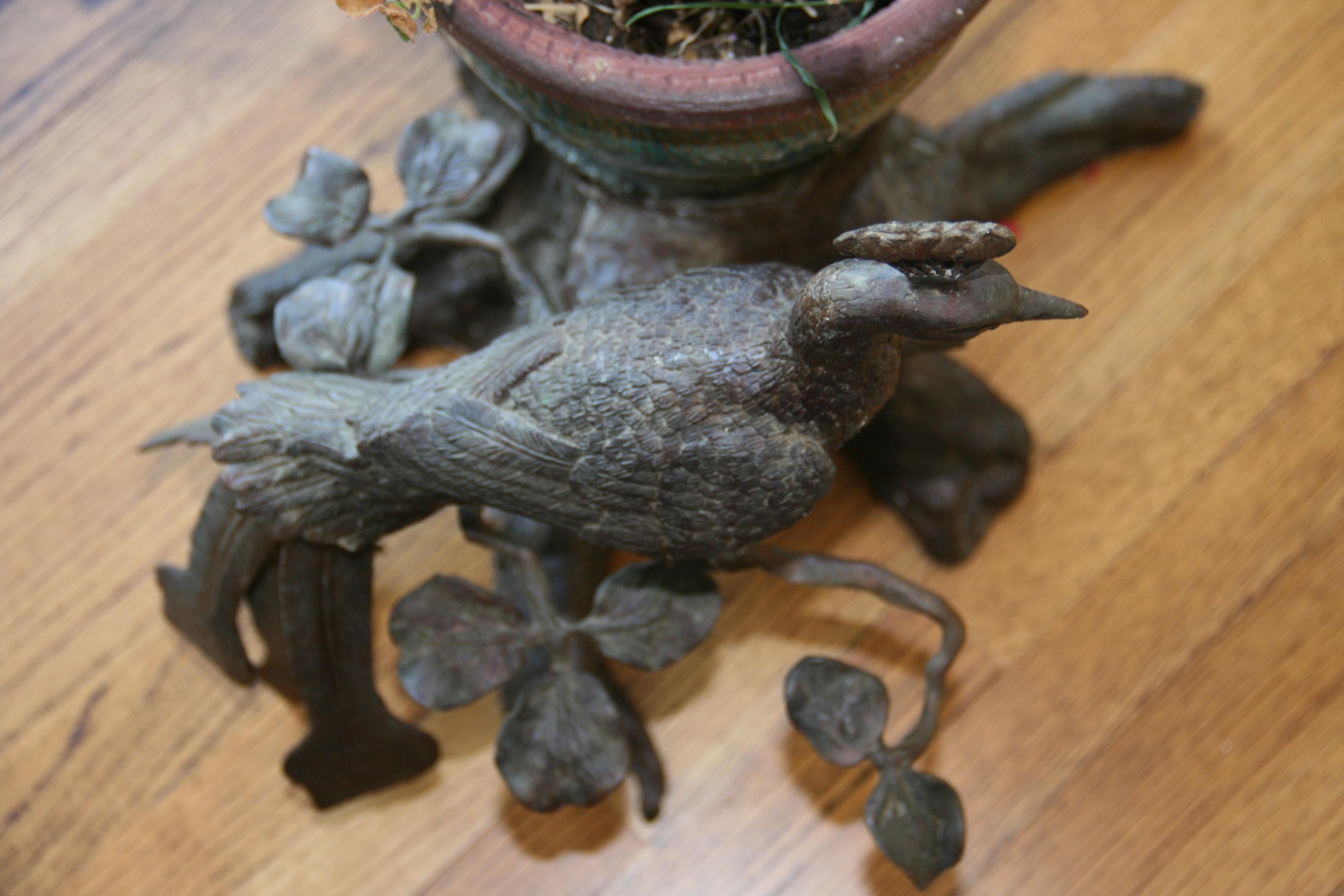 Japanese Peacock Brass and Stoneware Planter 19th Century For Sale 6