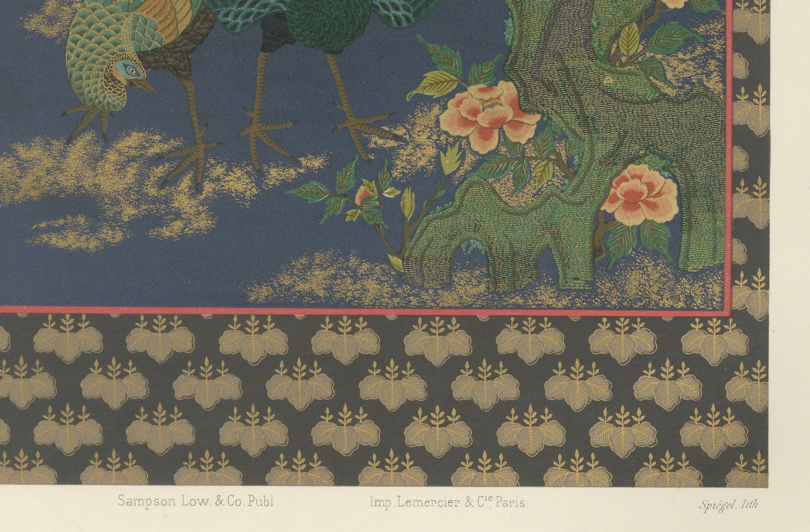 Titre : Paons japonais en plein plumage : Lithographie ancienne, années 1880

Description : Cette exquise lithographie des années 1880 présente un couple de majestueux paons japonais en plein plumage, un symbole durable de beauté, de dignité et de