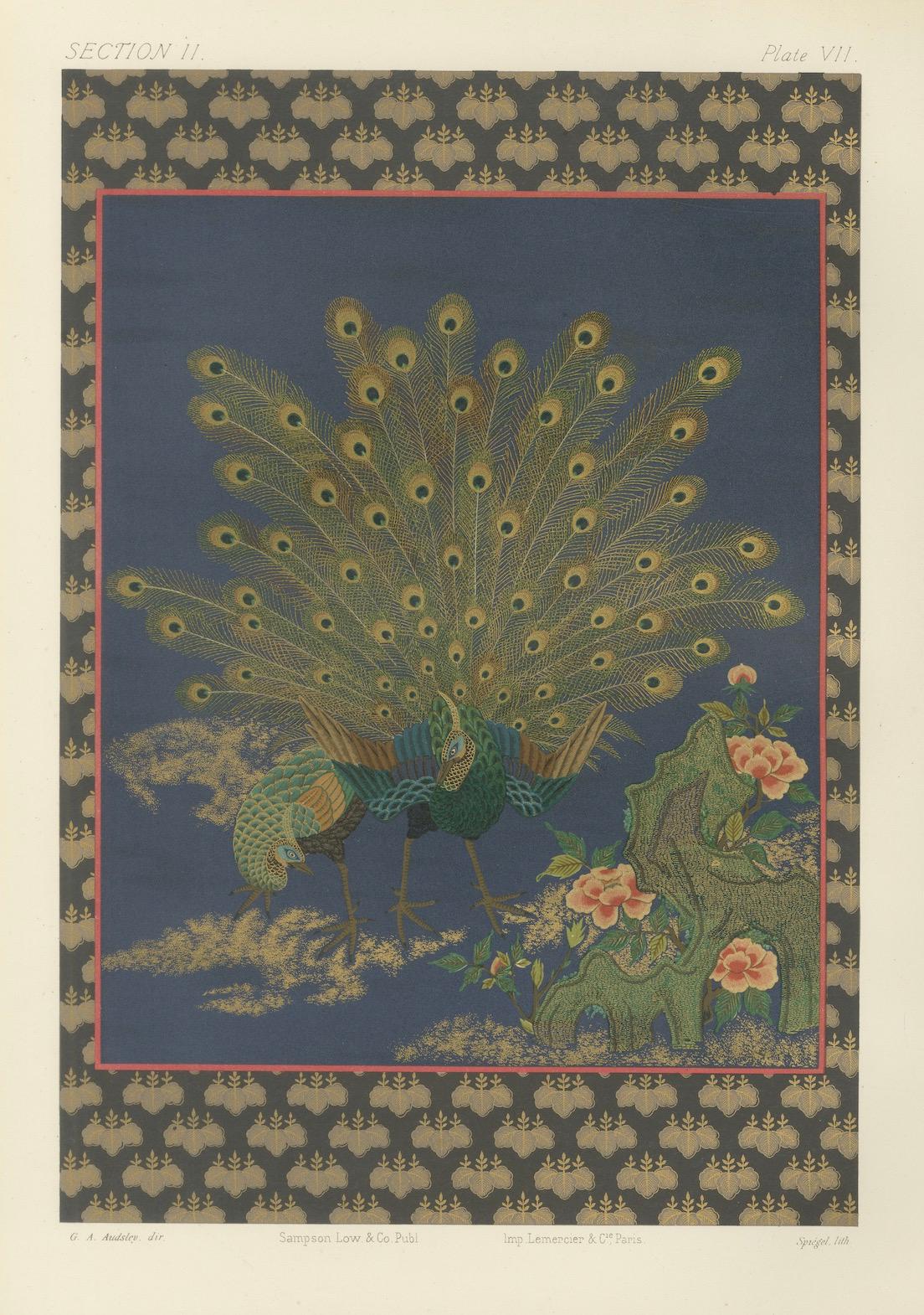 Paons japonais en plein plumage : Lithographie ancienne, années 1880 en vente 2
