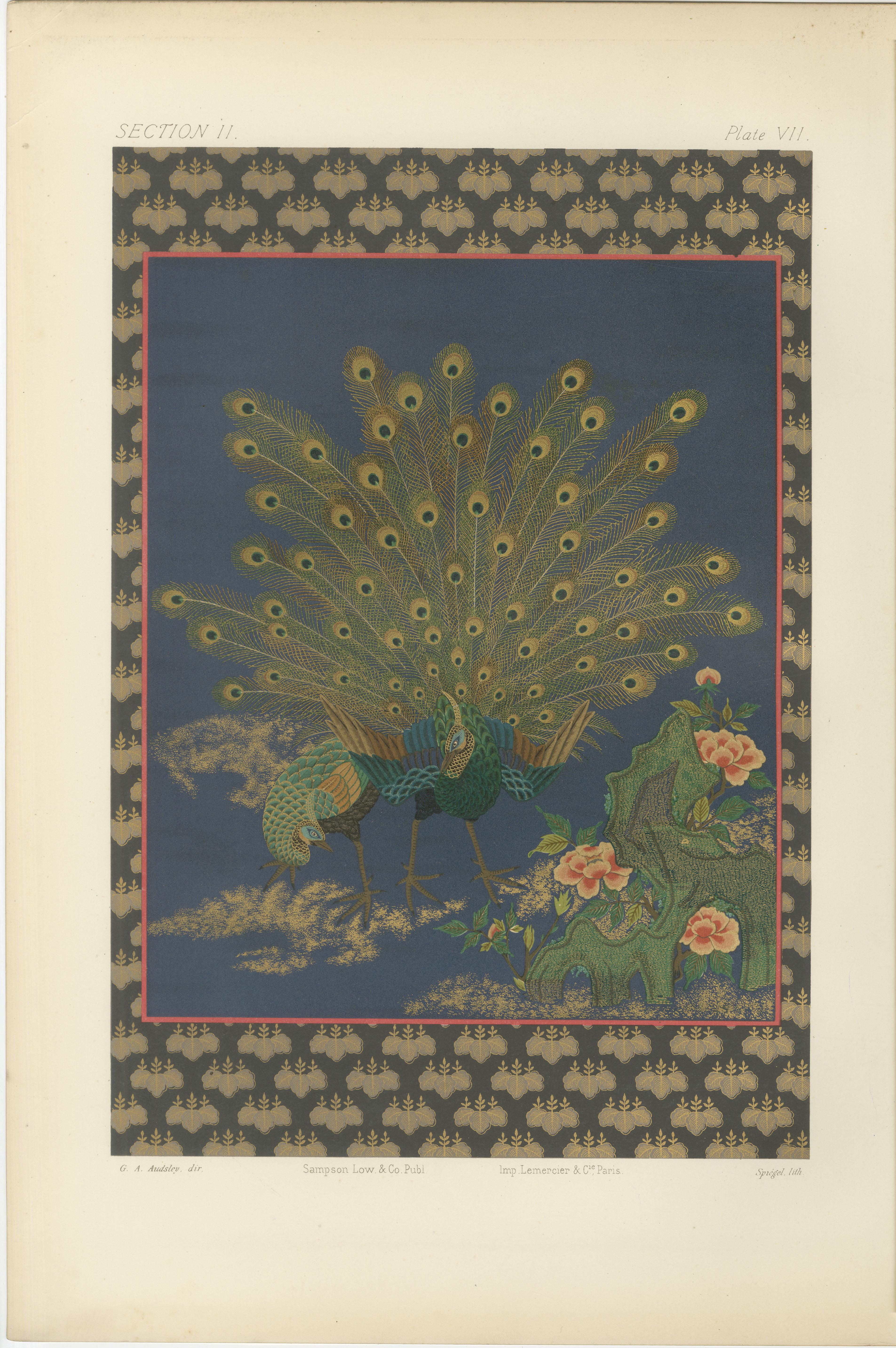 Paons japonais en plein plumage : Lithographie ancienne, années 1880 en vente 3