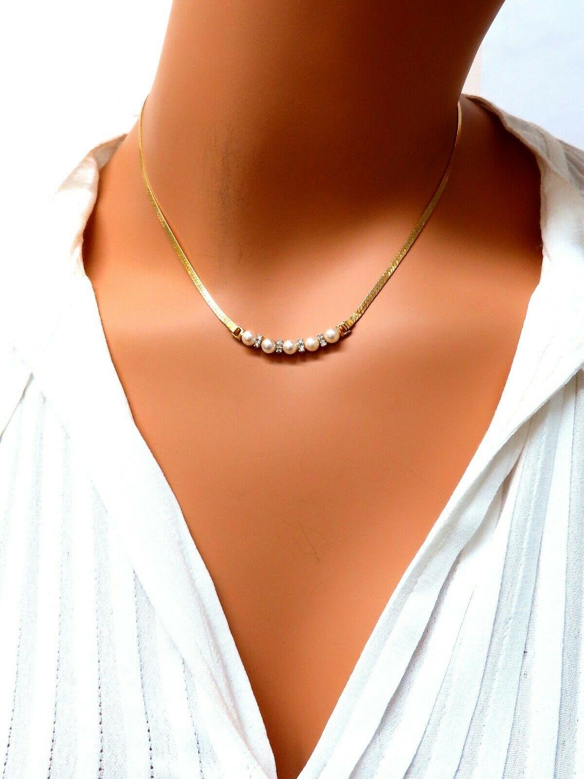 Japanese Pearls and .08 Carat Diamonds Herring Bone Necklace 14 Karat In New Condition In New York, NY