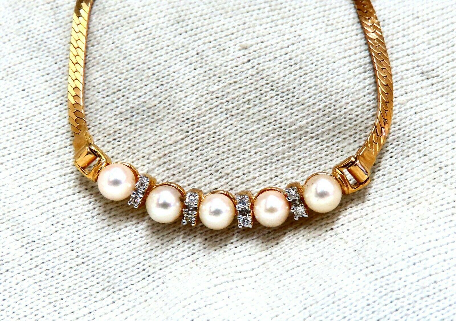 Women's or Men's Japanese Pearls and .08 Carat Diamonds Herring Bone Necklace 14 Karat