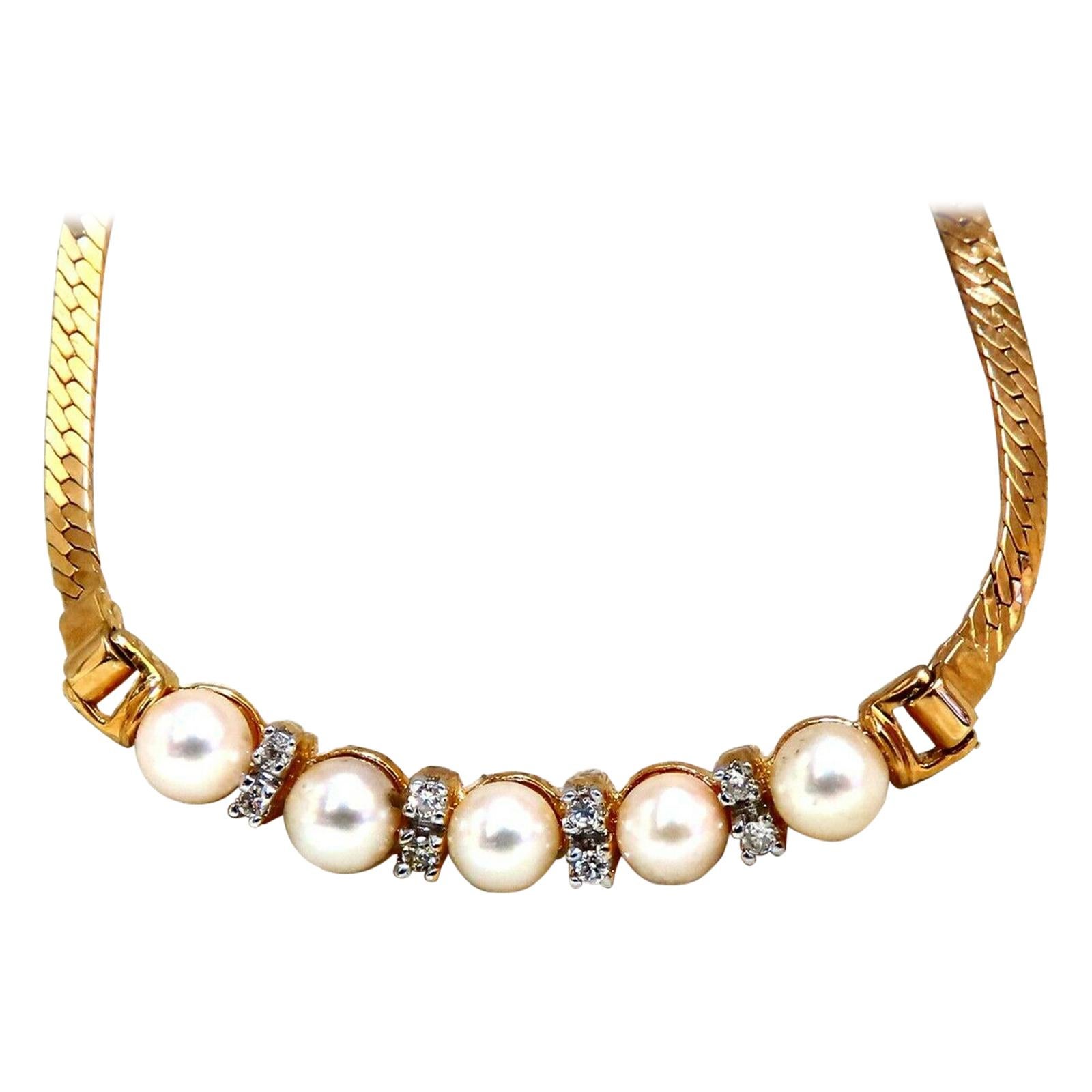 Japanese Pearls and .08 Carat Diamonds Herring Bone Necklace 14 Karat