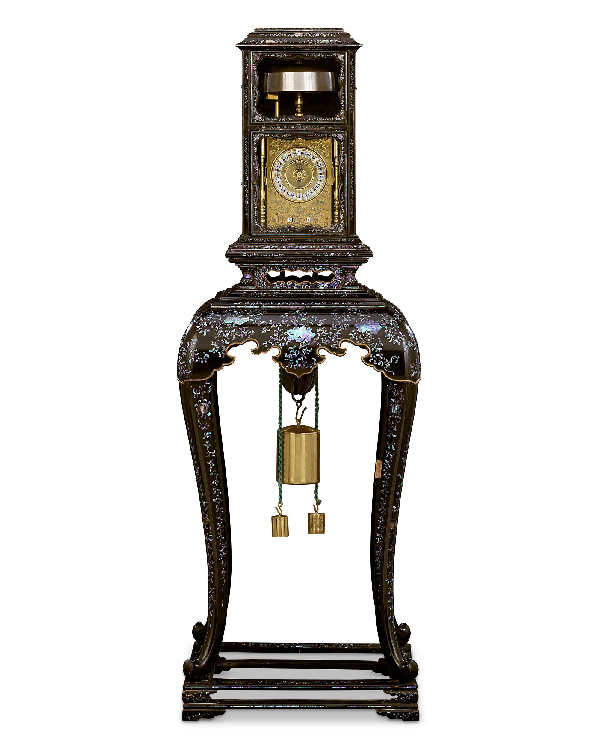 This magnificent Dai-dokei (pedestal clock) is one of the finest and rarest examples of Japanese horological artistry. These clocks were often used to adorn castles, corridors and prominent entrance halls, and for distinguished citizens during the