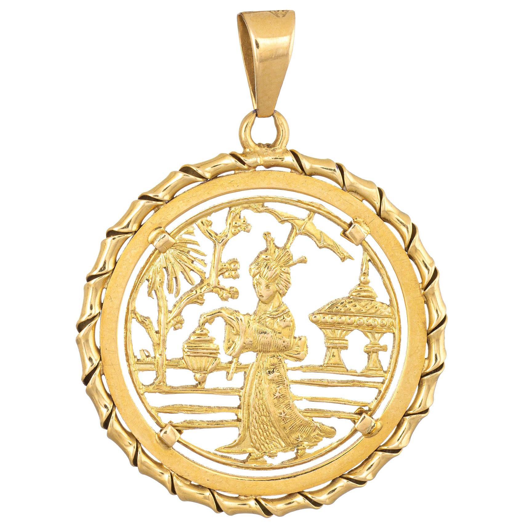Japanese Pendant Vintage 18 Karat Yellow Gold Round Charm Lantern Temple Jewelry