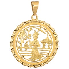 Japanese Pendant Vintage 18 Karat Yellow Gold Round Charm Lantern Temple Jewelry