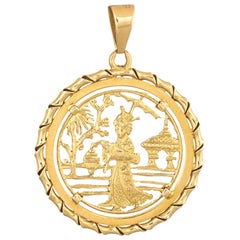 Pendentif Japonais Vintage Or Jaune 18 Carats Charme Rond Lanterne Temple Bijoux