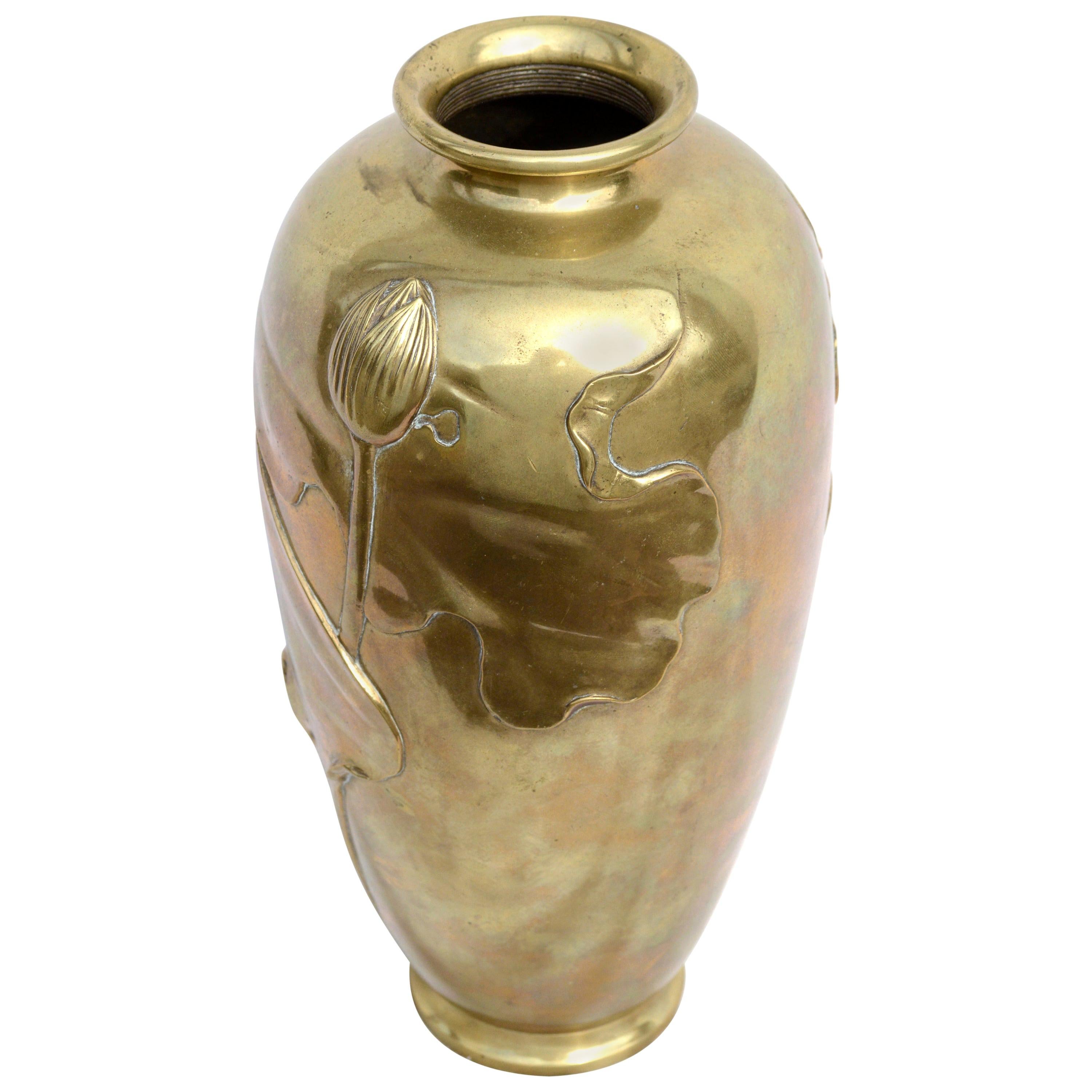 1920
s Japanese Period Bronze Vase with Sacred Lotus Flowers