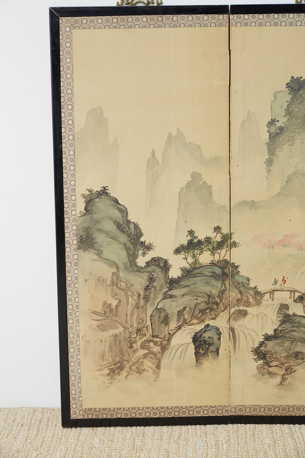 Hand-Crafted Japanese Meiji Period Four-Panel Landscape Screen