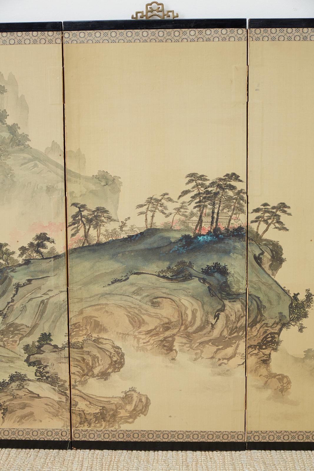 20th Century Japanese Meiji Period Four-Panel Landscape Screen