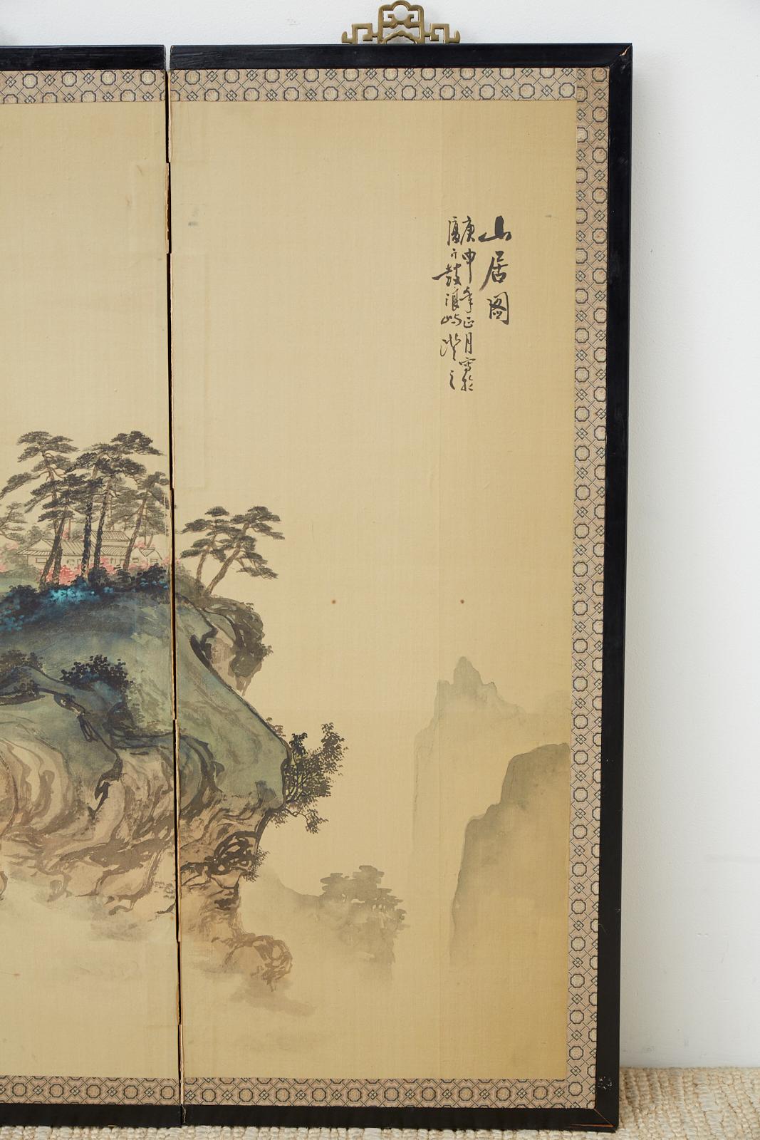Wood Japanese Meiji Period Four-Panel Landscape Screen