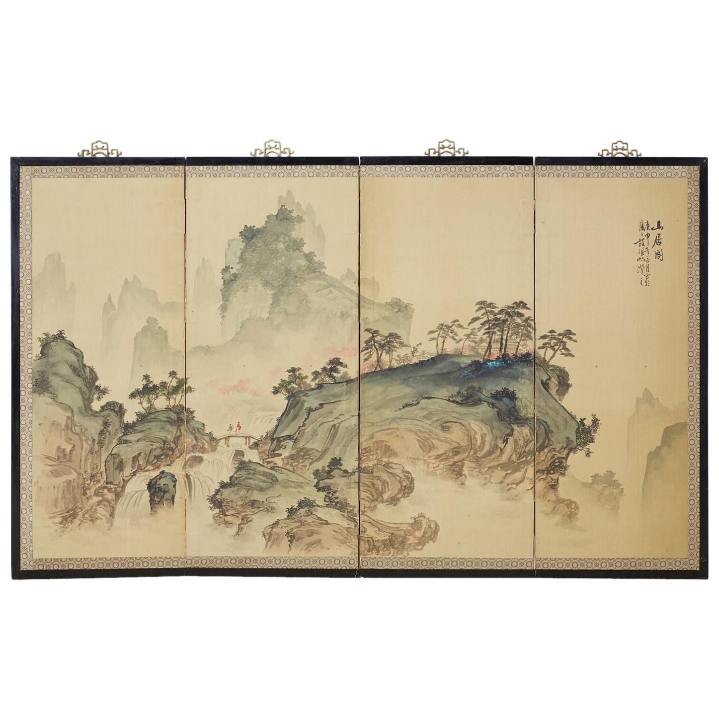 Japanese Meiji Period Four-Panel Landscape Screen