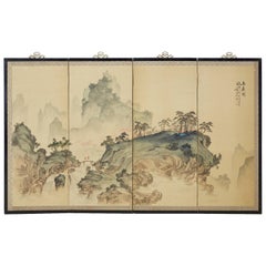 Vintage Japanese Meiji Period Four-Panel Landscape Screen