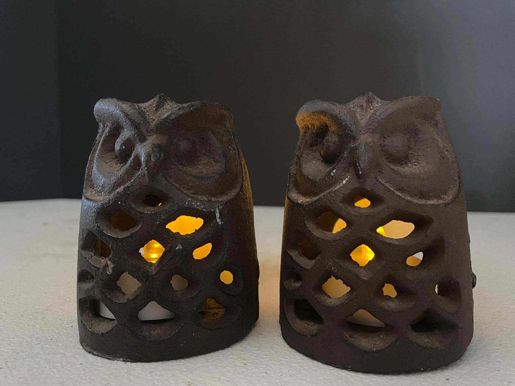 Hand-Crafted Japanese Genuine Pair Antique Owls Tealight Lighting Lanterns
