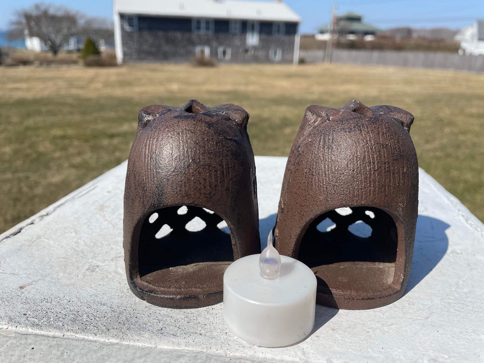 Japanese Genuine Pair Antique Owls Tealight Lighting Lanterns In Good Condition In South Burlington, VT