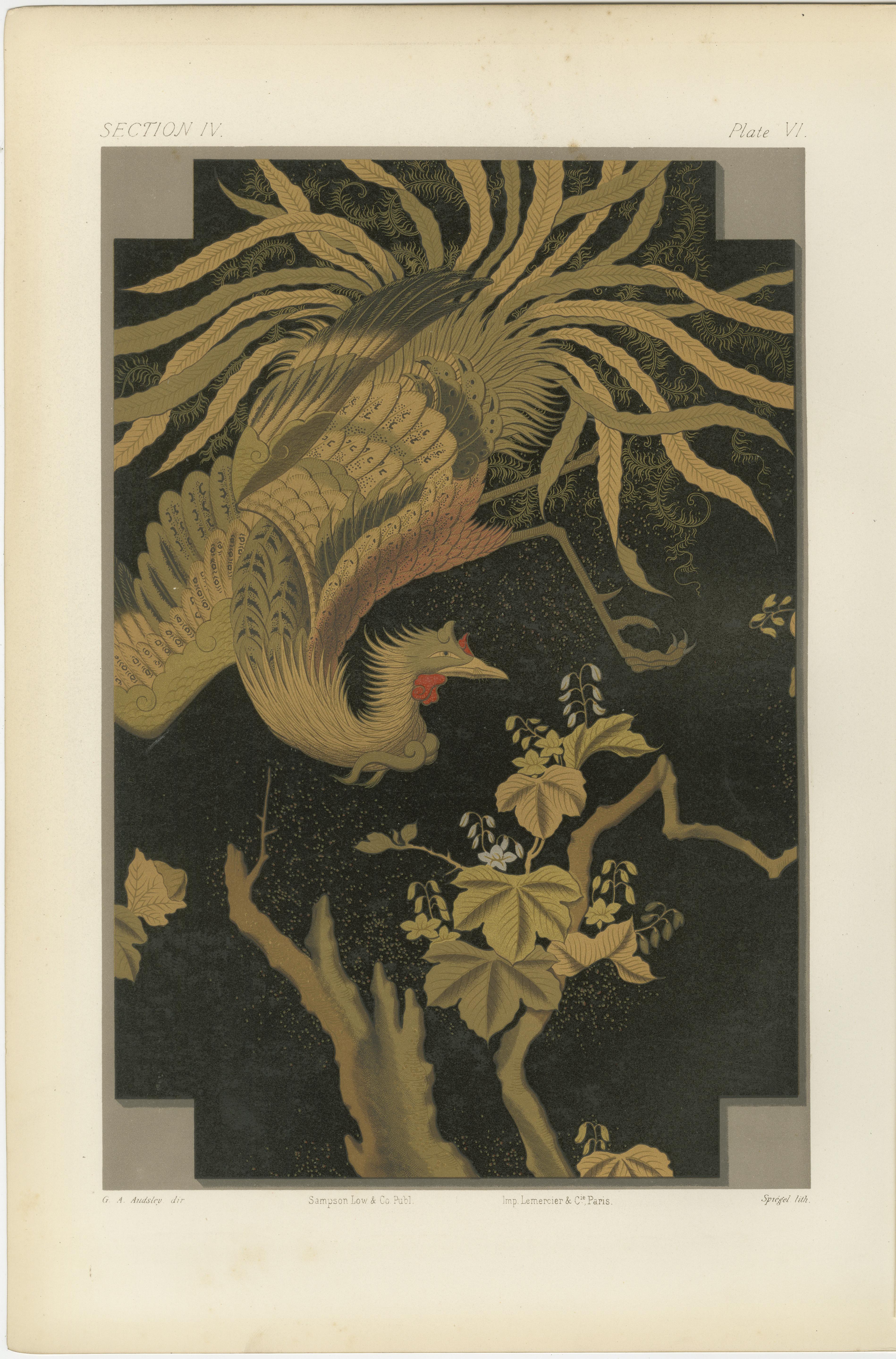 Titel: Japanischer Phönix im Flug: Antike Lithographie, 1880er Jahre

Beschreibung:
Diese bezaubernde Lithografie aus den 1880er Jahren zeigt eine elegante Darstellung eines mythischen Phönixes im Flug, die in exquisiten Details und sanften