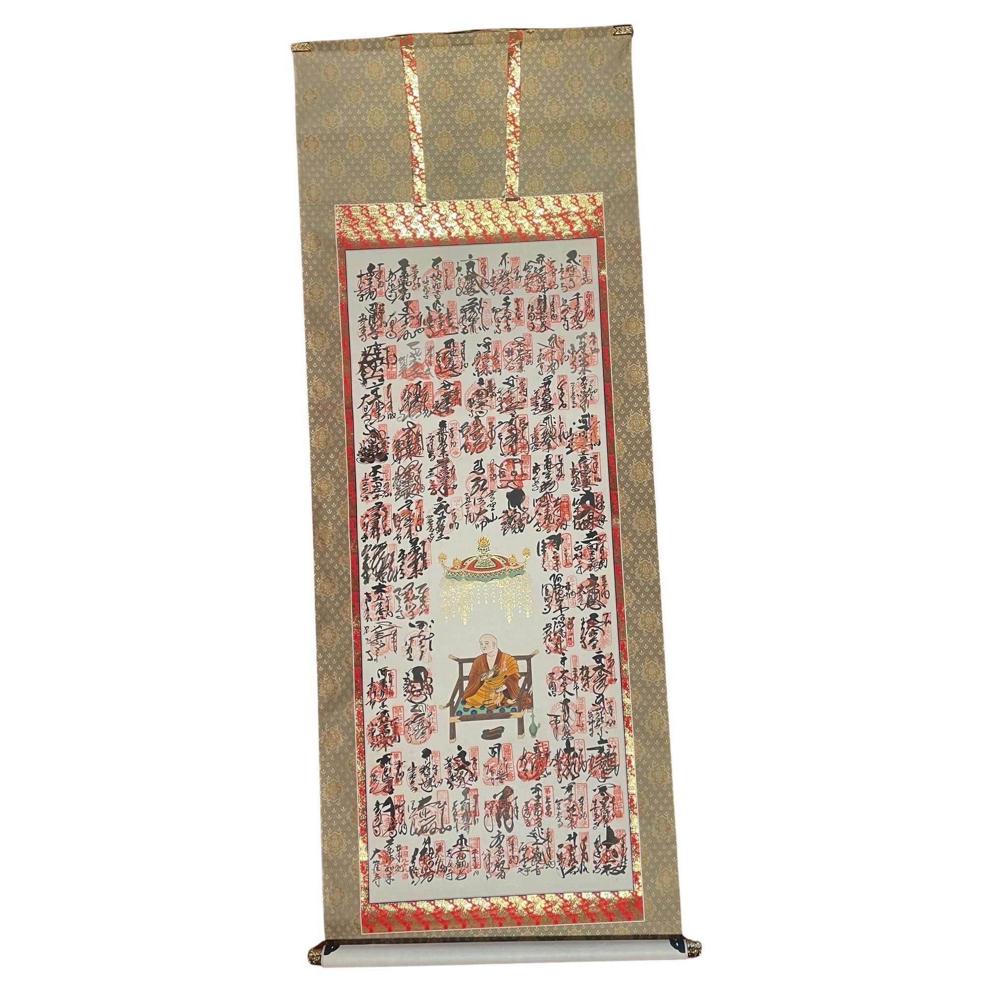 Japanese Pilgrimage Silk Scroll  Lohan Buddha Brilliant Colors