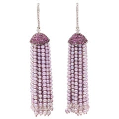 Japanische japanische rosa Akoya-Perle Saphir-Diamant-Quaste-Ohrringe 18 Karat Weißgold