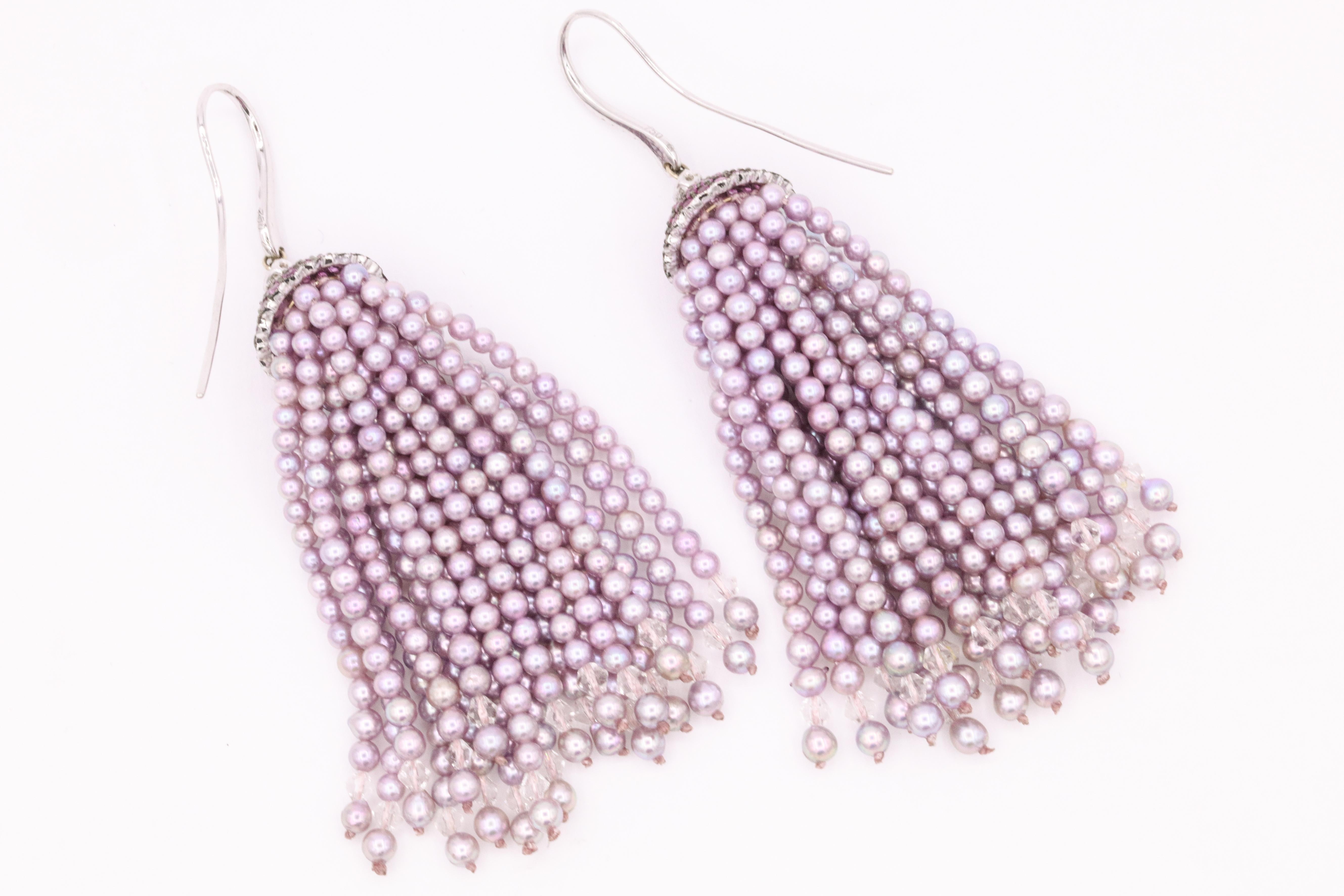 Japanese Pink Akoya Pearl Sapphire Diamond Tassel Earrings 18 Karat White Gold 3