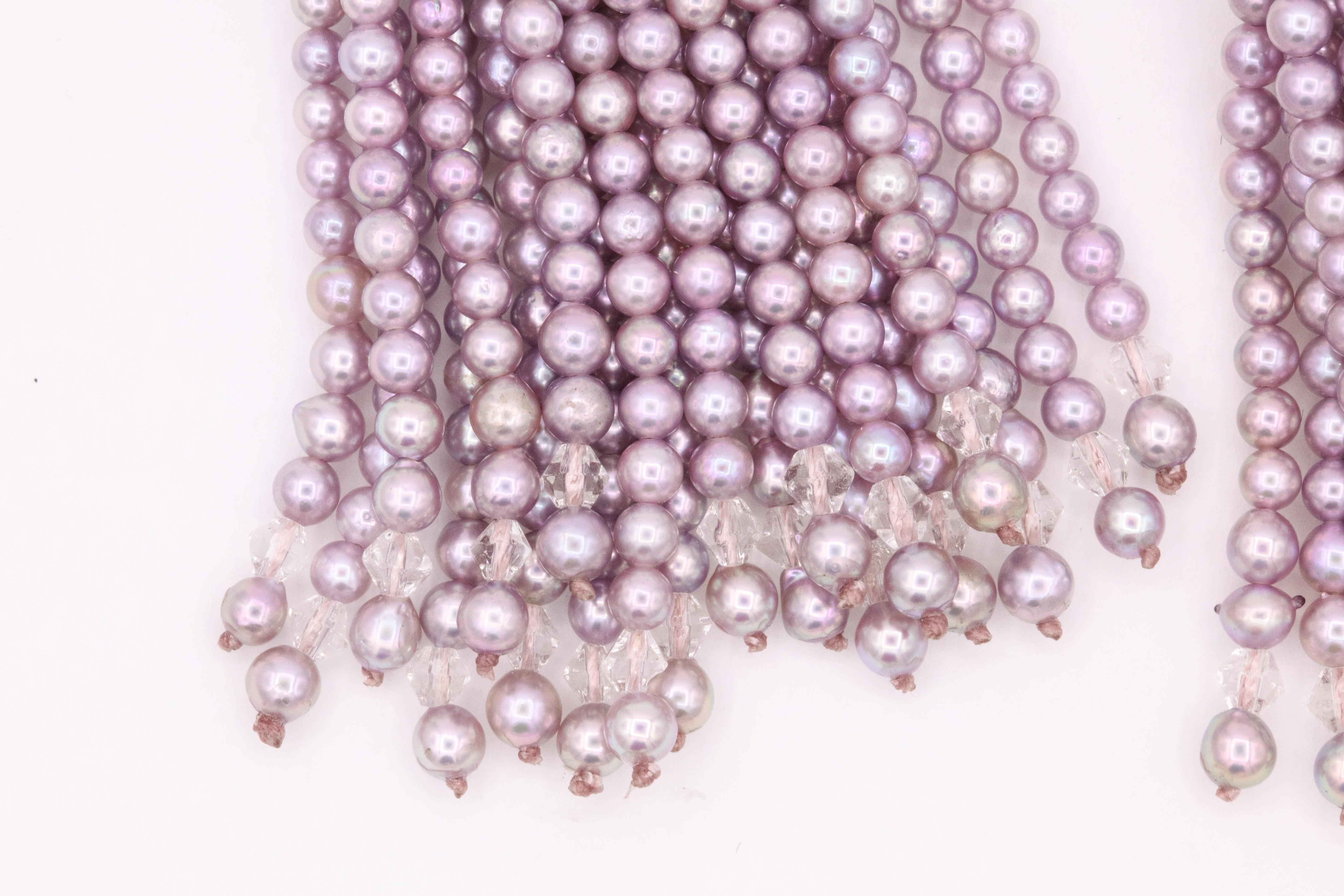 Japanese Pink Akoya Pearl Sapphire Diamond Tassel Earrings 18 Karat White Gold 4