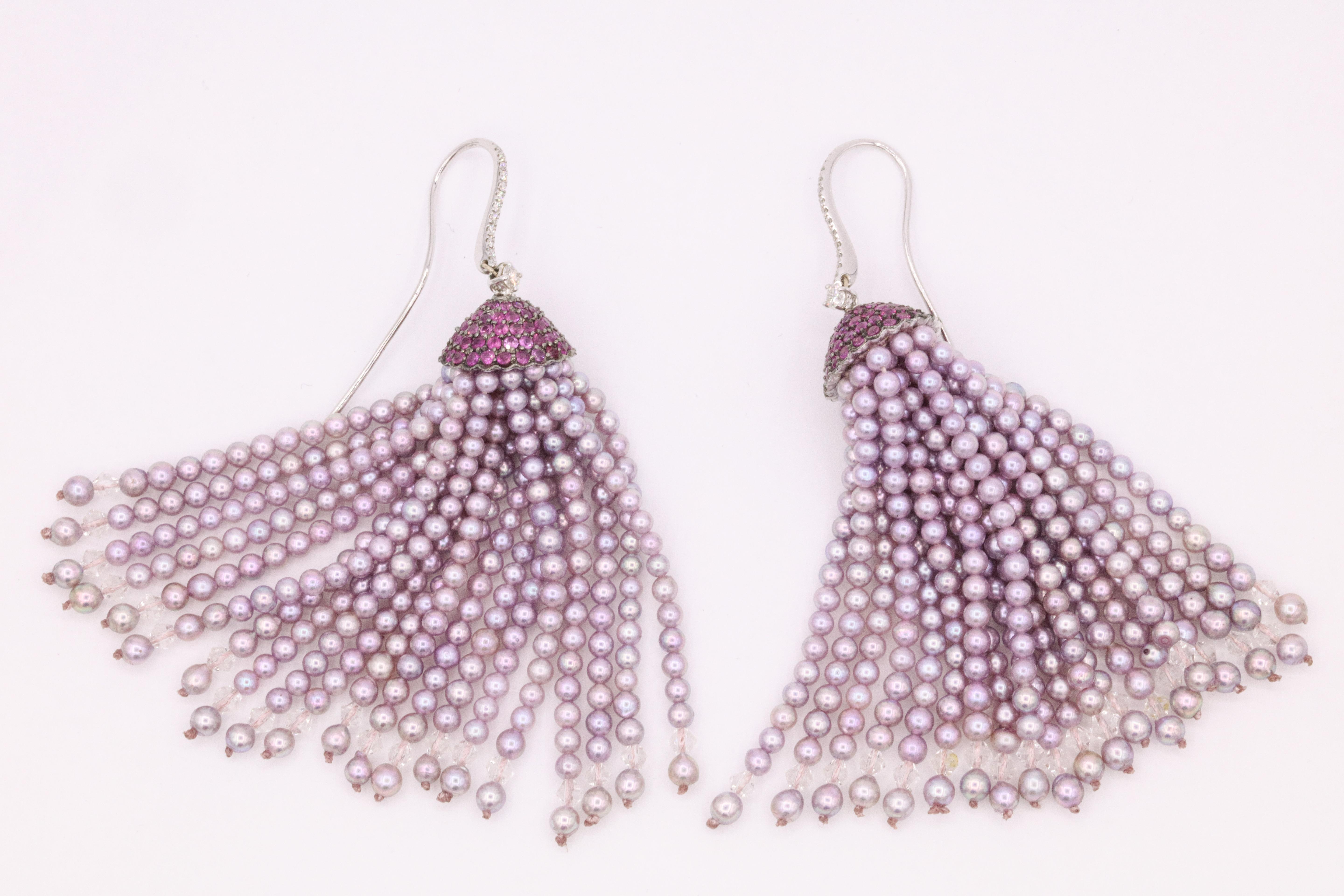 Japanese Pink Akoya Pearl Sapphire Diamond Tassel Earrings 18 Karat White Gold 5