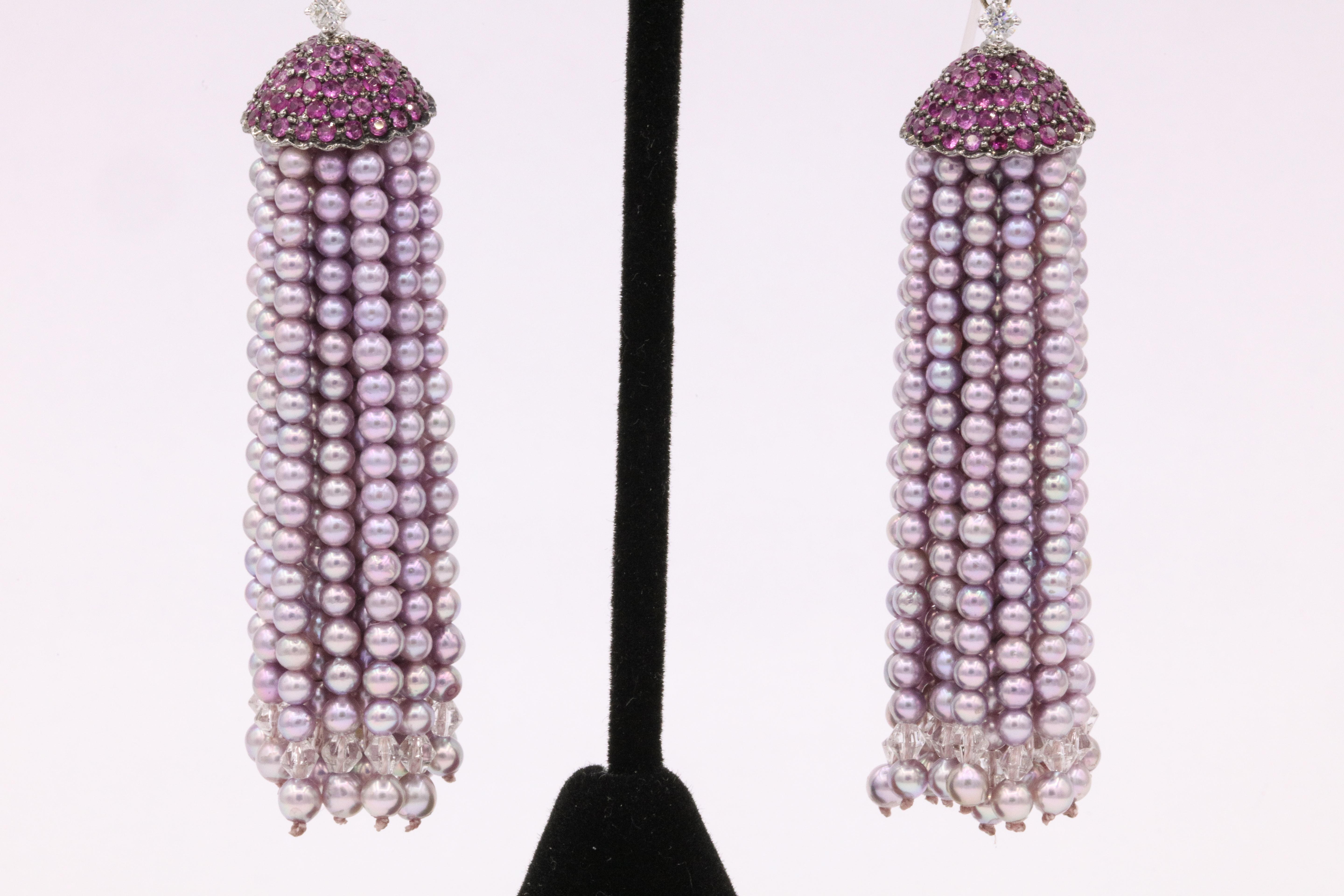 Contemporary Japanese Pink Akoya Pearl Sapphire Diamond Tassel Earrings 18 Karat White Gold