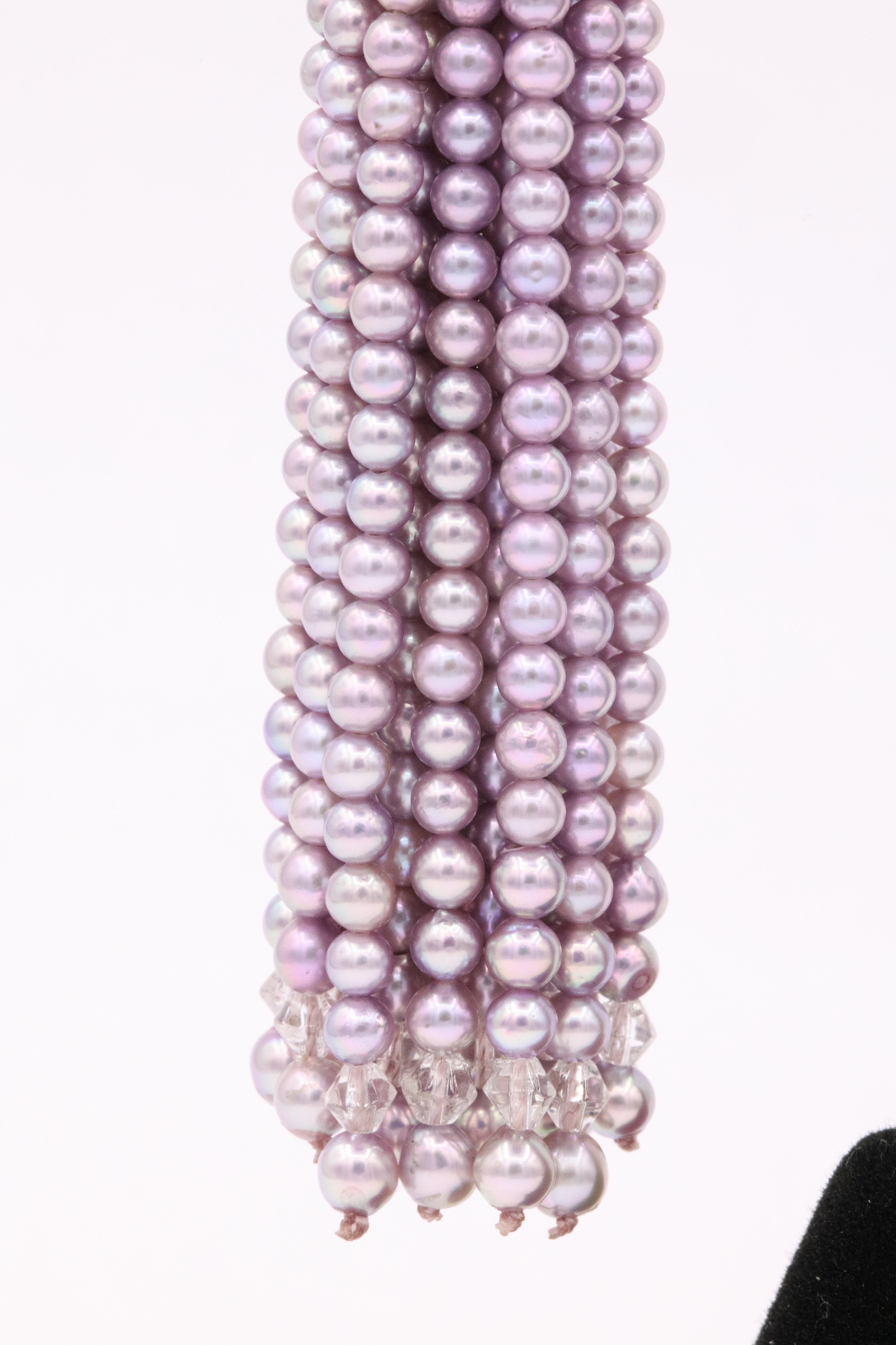 Japanese Pink Akoya Pearl Sapphire Diamond Tassel Earrings 18 Karat White Gold In New Condition In New York, NY