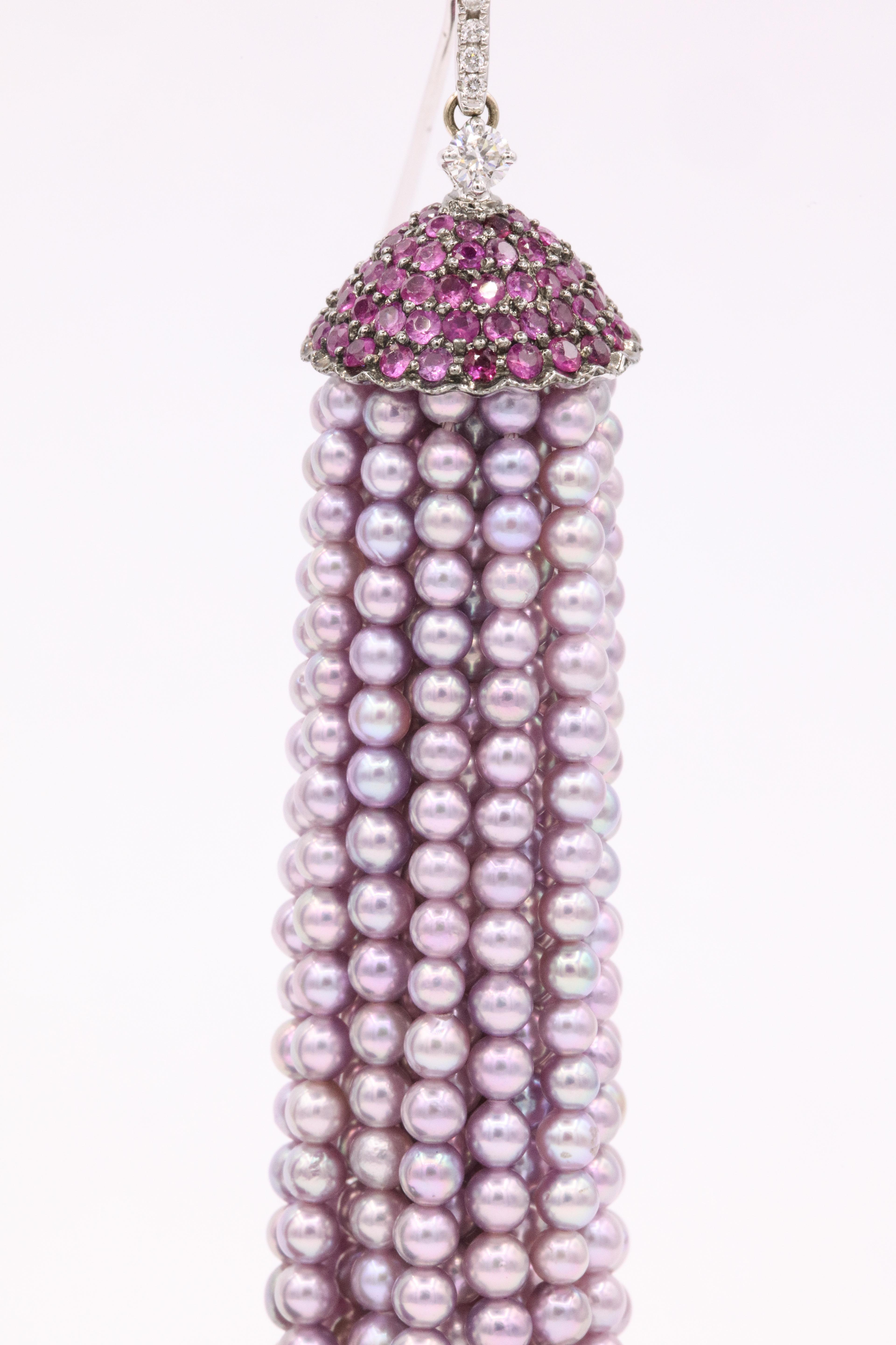 Women's Japanese Pink Akoya Pearl Sapphire Diamond Tassel Earrings 18 Karat White Gold
