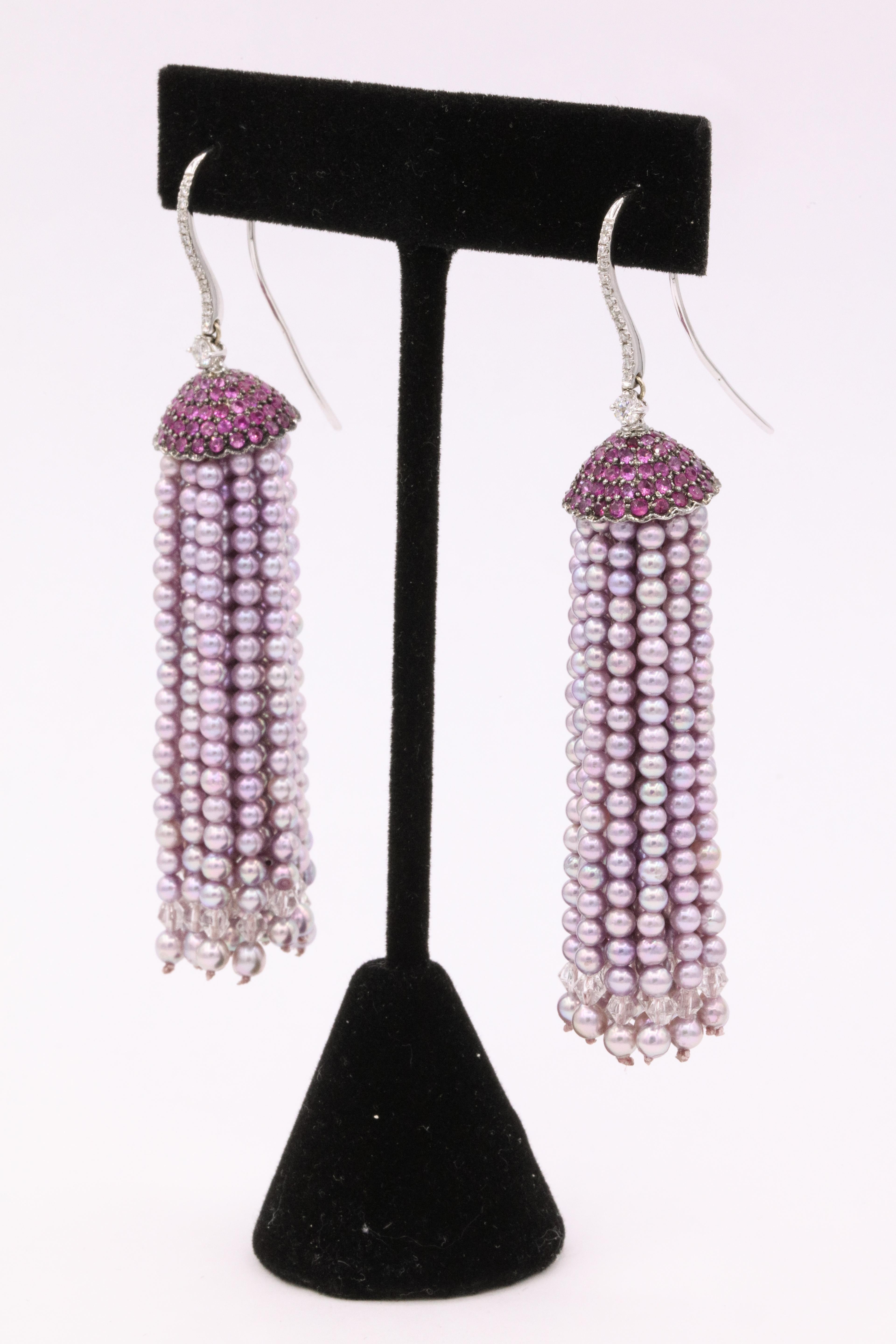 Japanese Pink Akoya Pearl Sapphire Diamond Tassel Earrings 18 Karat White Gold 1