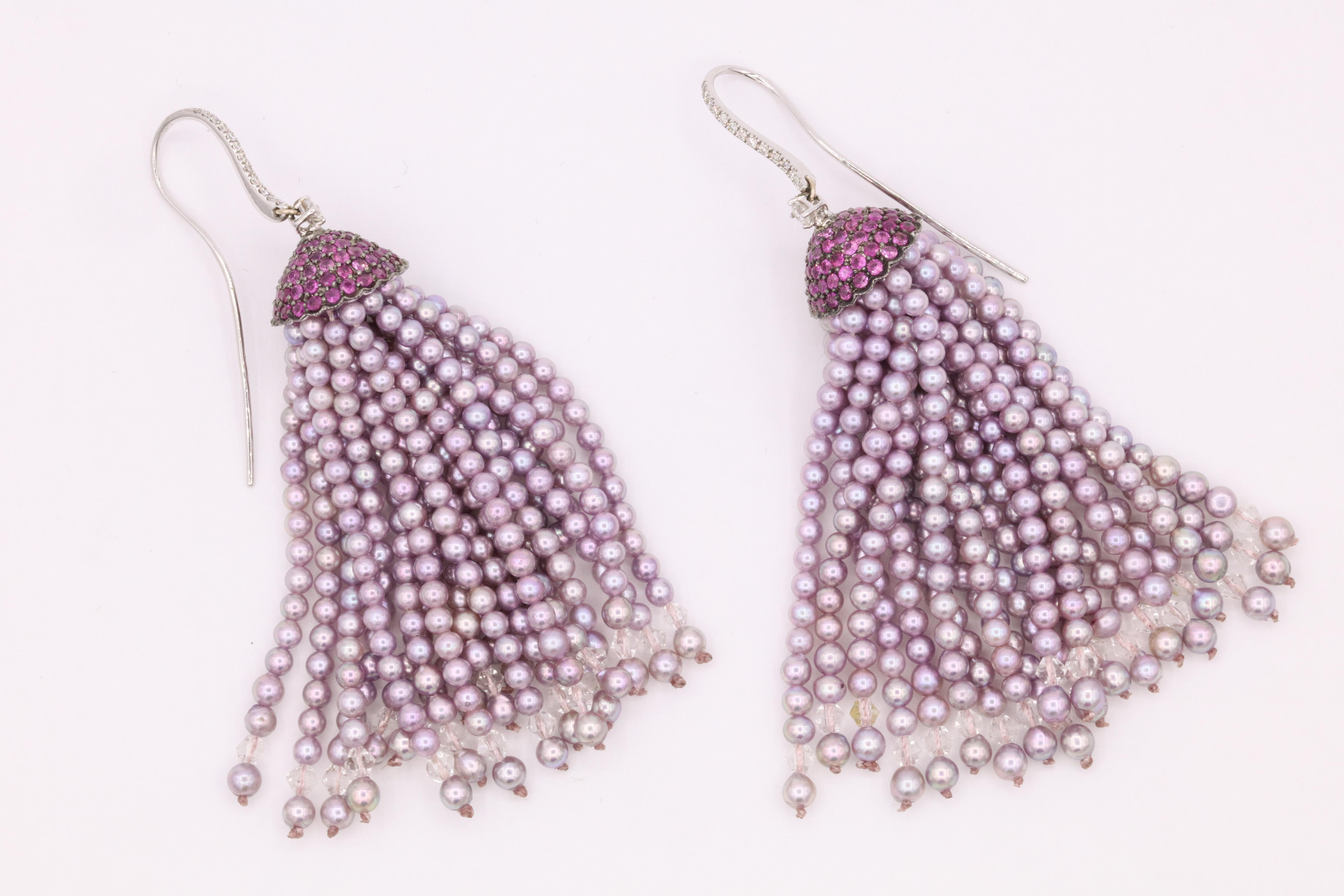 Japanese Pink Akoya Pearl Sapphire Diamond Tassel Earrings 18 Karat White Gold 2
