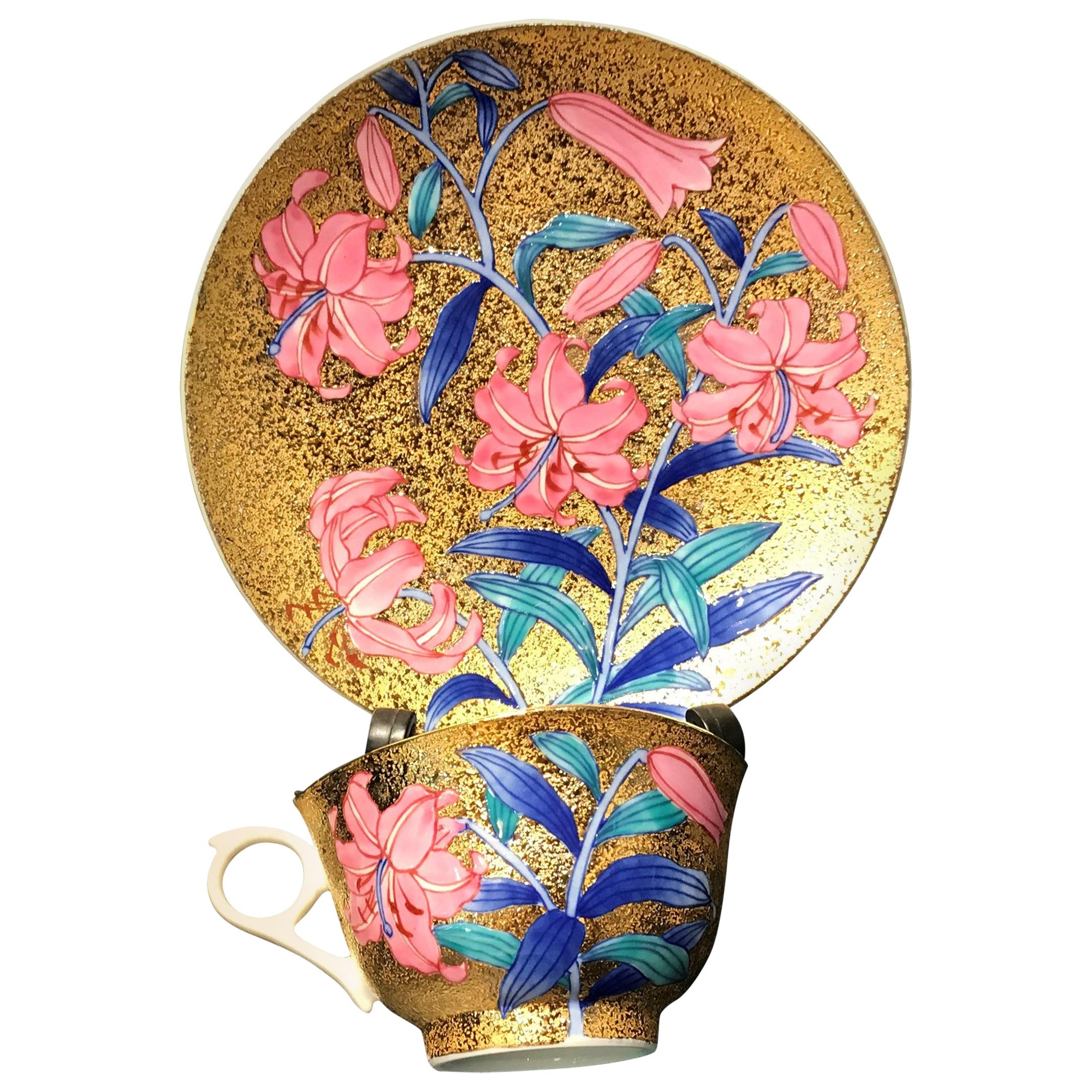 Blue Gold Pink Porcelain Cup and Saucer by Japanese Contemporary Master Artist