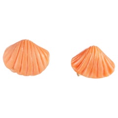 Japanese Pink Coral Carved Sea Shell 18 Karat Gold Stud Earrings